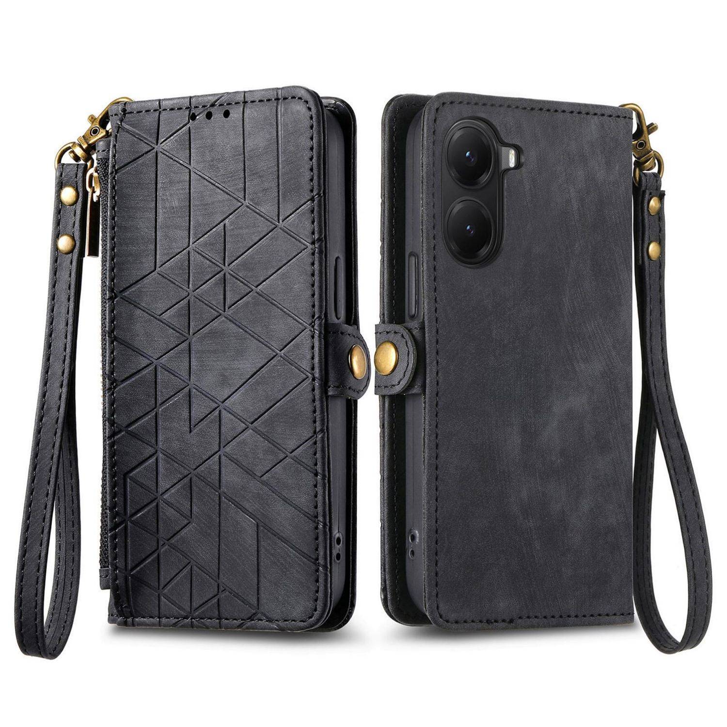 Schwarze Leder-Telefongeldbörse mit Etui, von vorne und hinten gezeigt, mit Riemen, Kartensteckplätzen und magnetischer Verschlussspange.