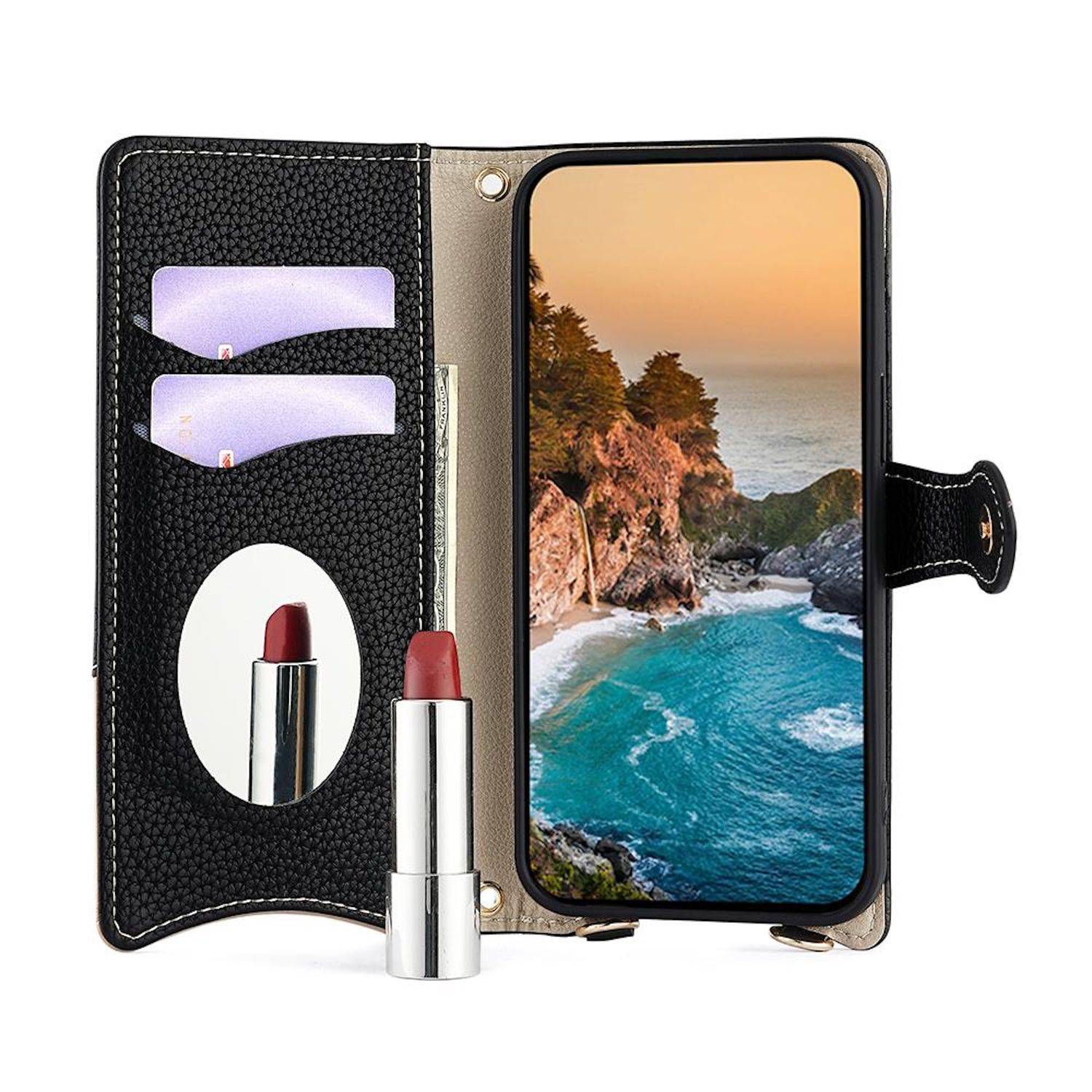 Schwarzes Telefon-Geldbörsen-Etui mit Kartenfächern, Spiegel und Lippenstift-Halter, aufgeklappt mit einem Smartphone, das ein Strandbucht-Hintergrundbild anzeigt.