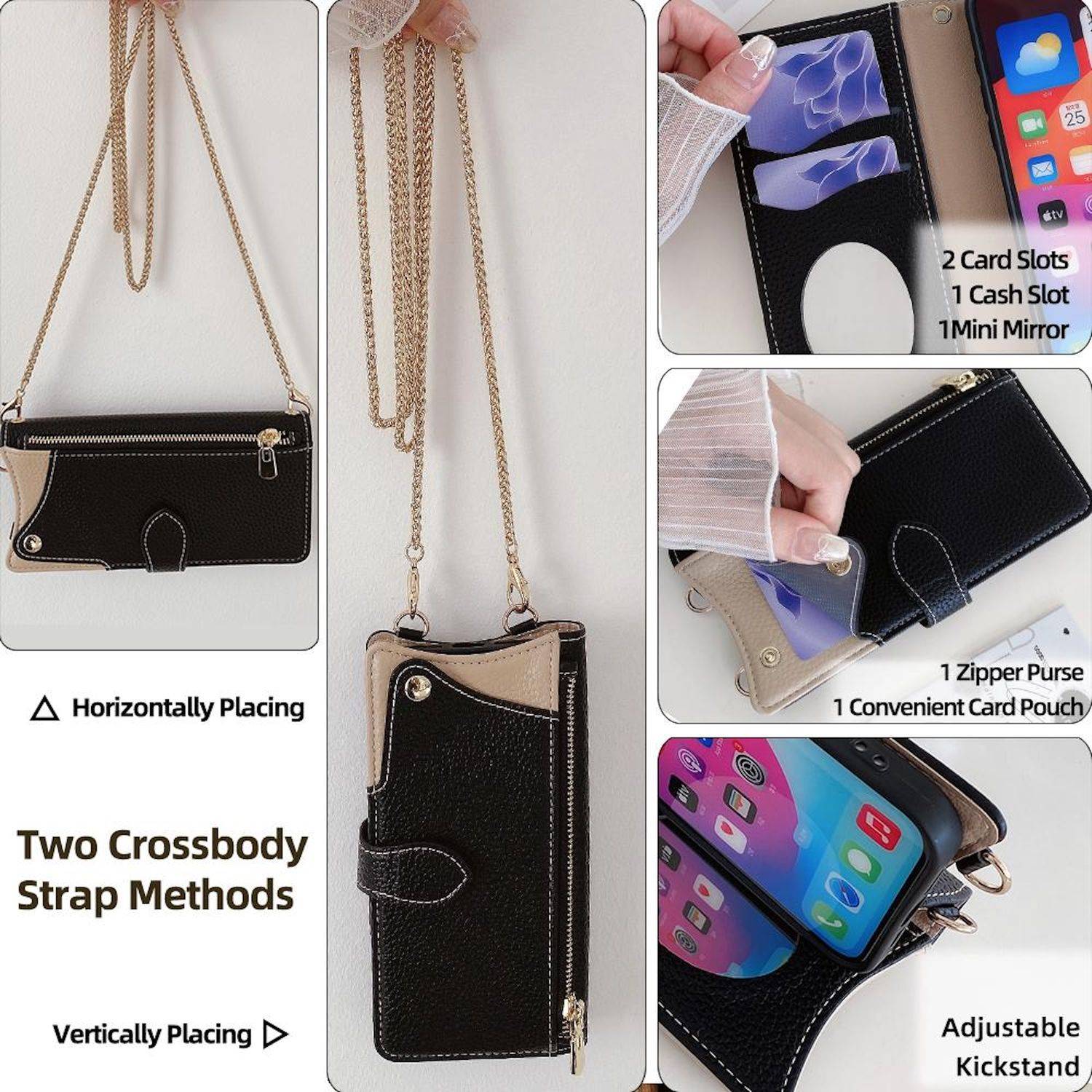 Produktbild einer schwarzen Leder-Handytasche mit Umhängegurt, das zwei Tragegurt-Optionen zeigt, Karten- und Geldschlitze, eine Reißverschlusstasche, einen kleinen Spiegel und einen verstellbaren Ständer.