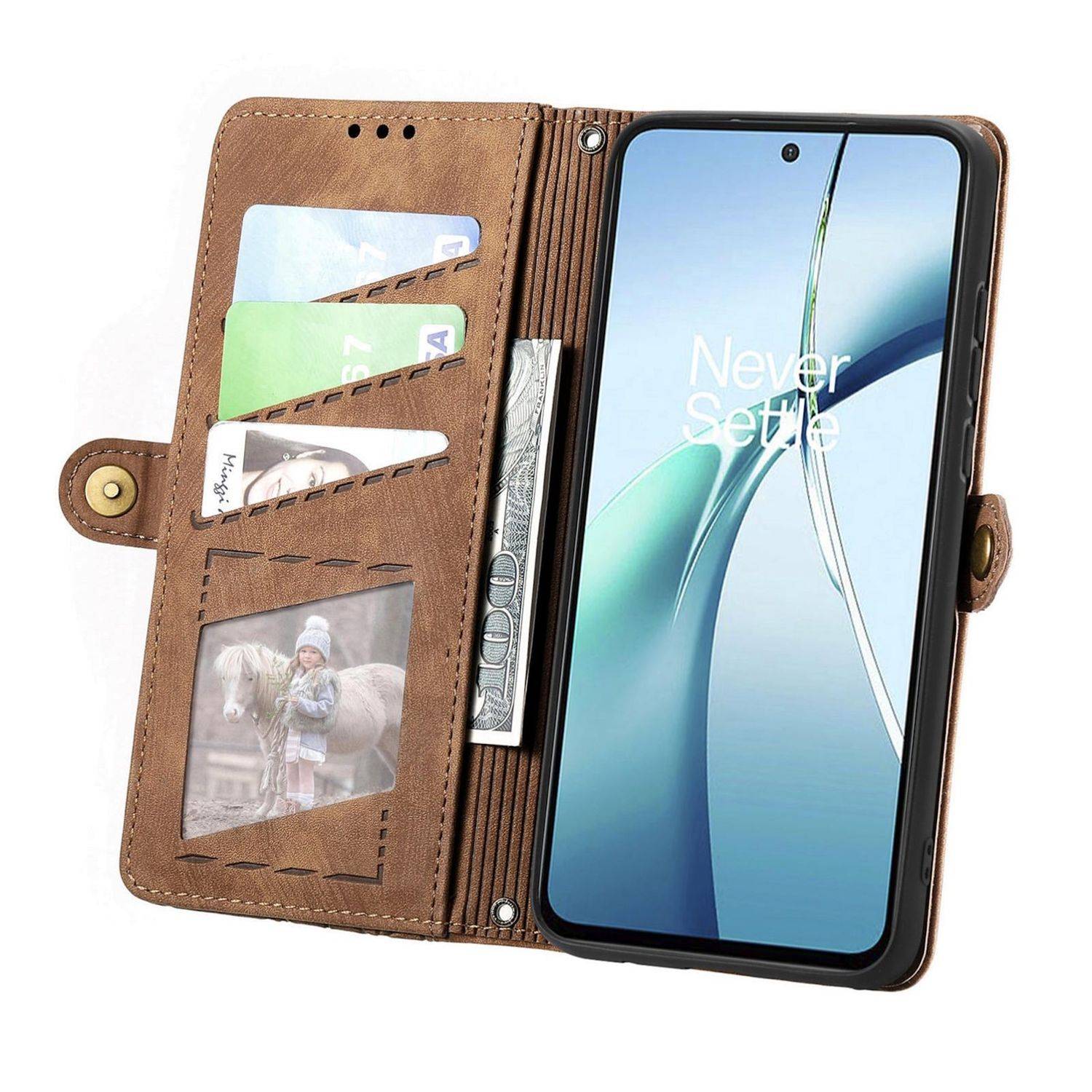 Braunes Leder-Handygeldbörsen-Etui mit einem Smartphone, mit Kartensteckplätzen, Fotofenster und sichtbarer Geldbörse.
