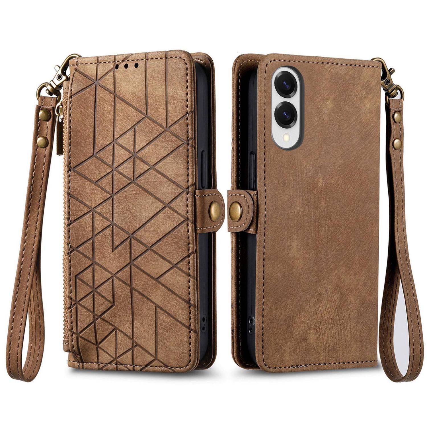 Braunes Ledertelefon-Geldbörsengehäuse, von vorne und hinten gezeigt, mit geometrischer Prägung, Kameraausschnitt, Handgelenksbändern und Druckknopfverschluss.