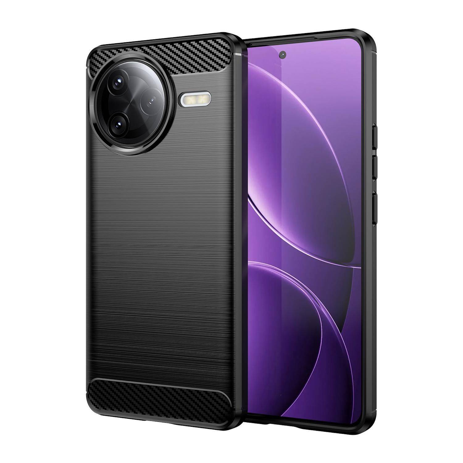 Schwarzes Smartphone in einer Schutzhülle, von vorne und hinten dargestellt, mit großem rundem Kameraausschnitt und violettem Bildschirm.