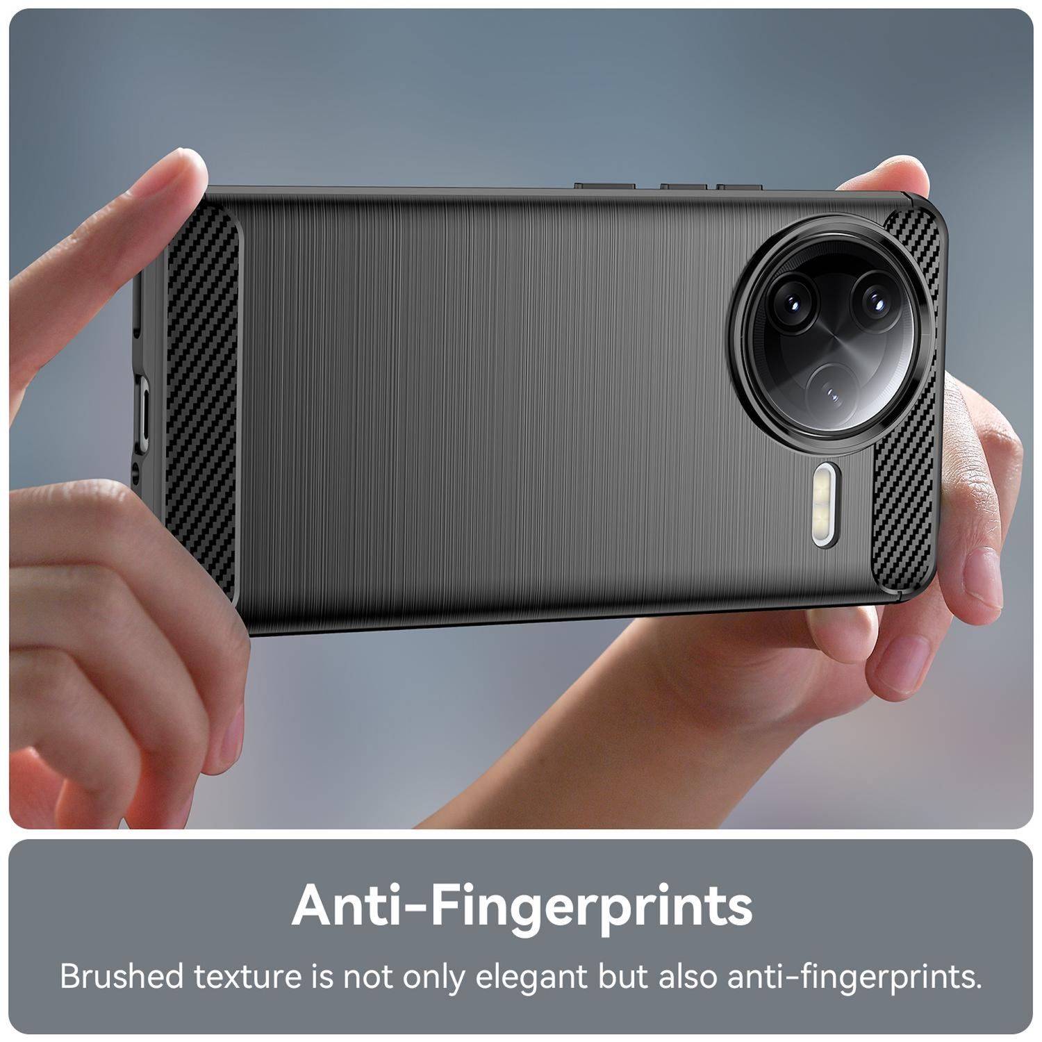 Hände halten ein Smartphone mit einer gebürsteten, abdruckbeständigen strukturierten Rückseite und großem kreisförmigem Kameramodul; die Beschriftung lautet „Anti-Fingerabdrücke
