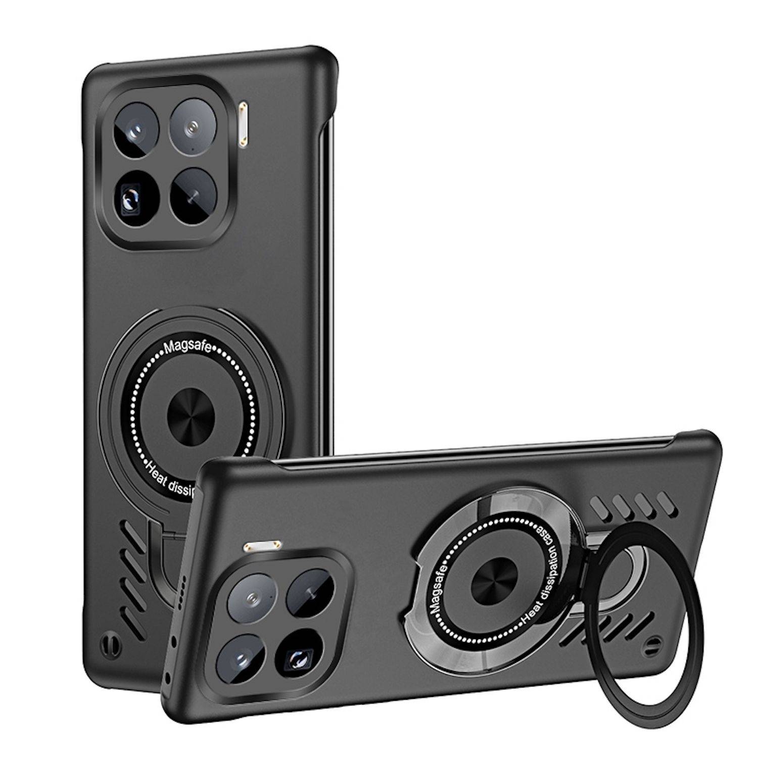 Schwarze Smartphone-Hülle mit integriertem MagSafe-Ring und Ständer, gezeigt in aufrechter und horizontaler Position mit iPhone-typischem Kameraausschnitt.