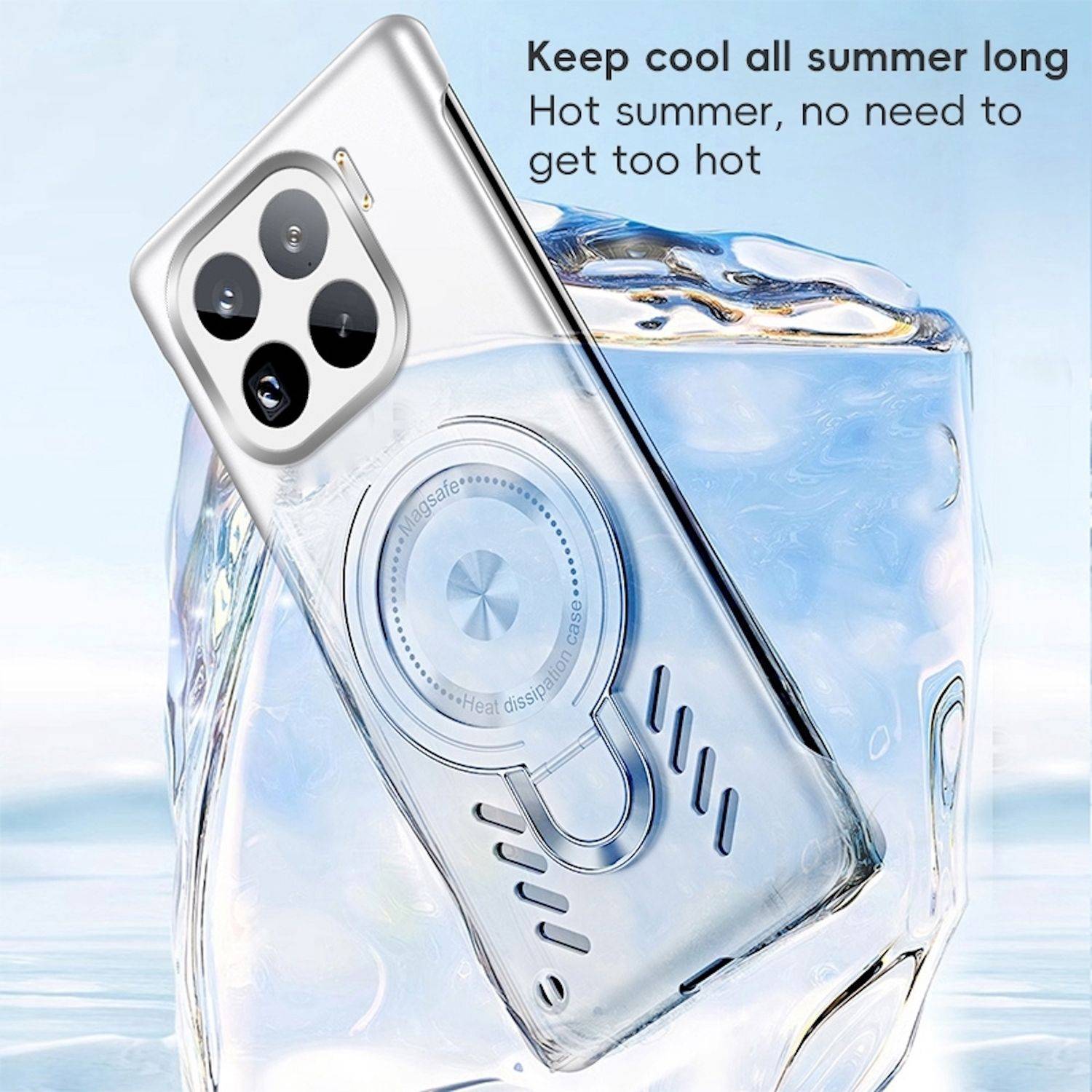 Smartphone mit Kühlschale vor Eis und Wasser gezeigt, wirbt für „Den ganzen Sommer über cool bleiben