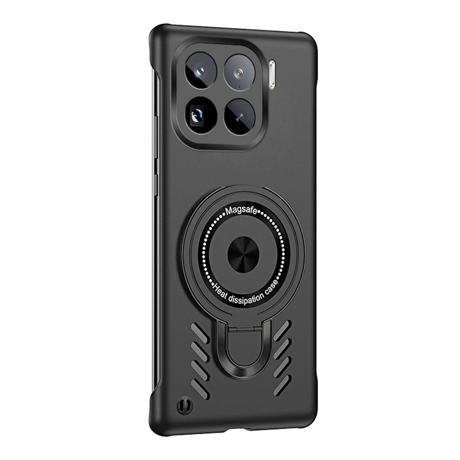 Schwarze Smartphone-Hülle mit integriertem MagSafe-Ring und zirkulärer Kühlungs-/Ständer-Funktion, gezeigt auf der Rückseite eines Telefons mit Kameraaussparungen.