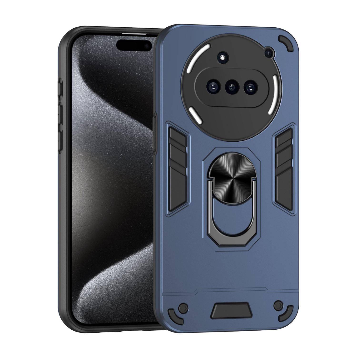 Blaue robuste Smartphone-Schutzhülle mit integriertem Ring-Ständer, gezeigt auf einem Telefon mit großem rundem Kameraausschnitt und verstärkten Ecken.
