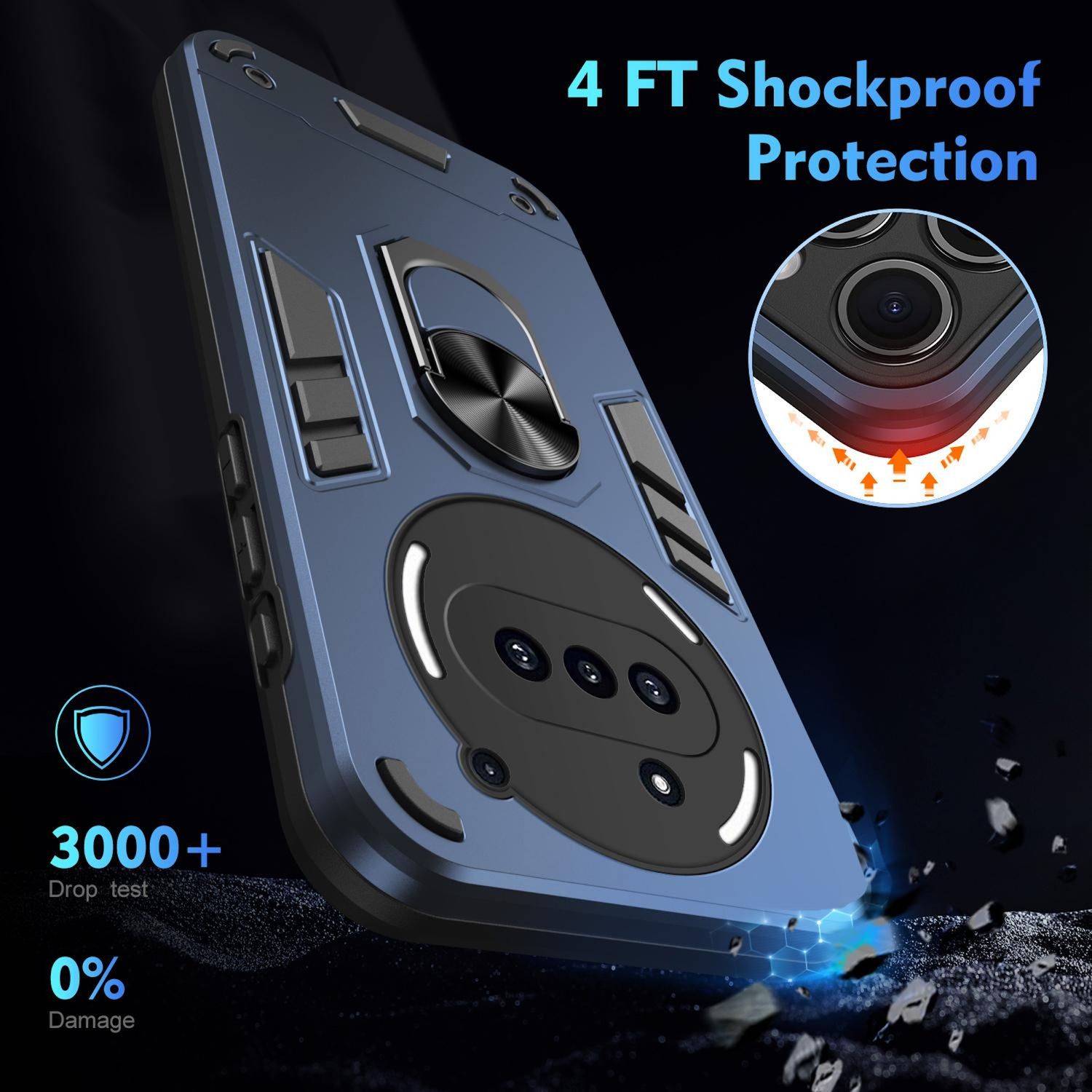 Robuste Handyhülle mit Werbung für 4-Fuß-Stoßschutz, 3000+ Falltests und 0% Schadensquote, mit nahaufnahme der schlagfesten Ecken.