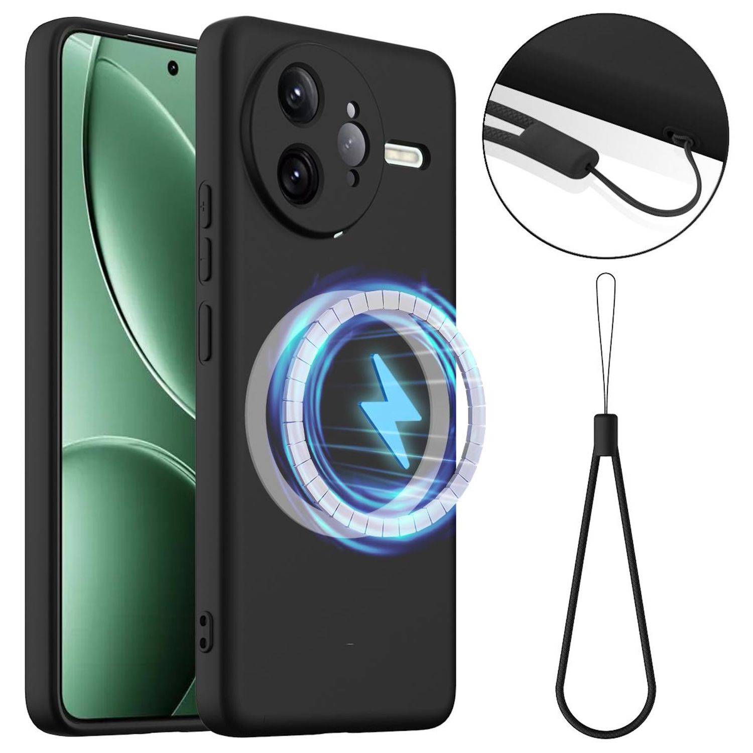Schwarze Smartphone-Hülle mit integriertem magnetischem kabellosem Ladering und zwei Kameraaussparungen, gezeigt mit Handgelenk-Riemenanbringung.