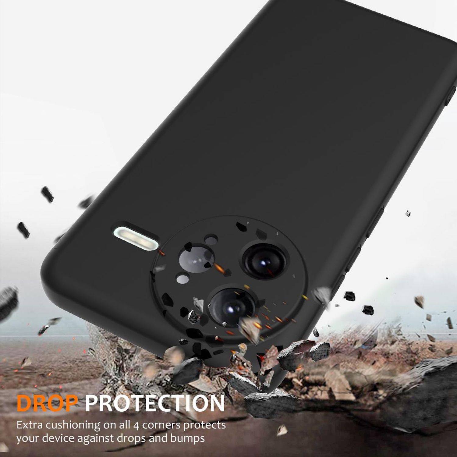 Schwarzes Smartphone, das auf eine raue Oberfläche fällt, mit dem Text „DROP PROTECTION