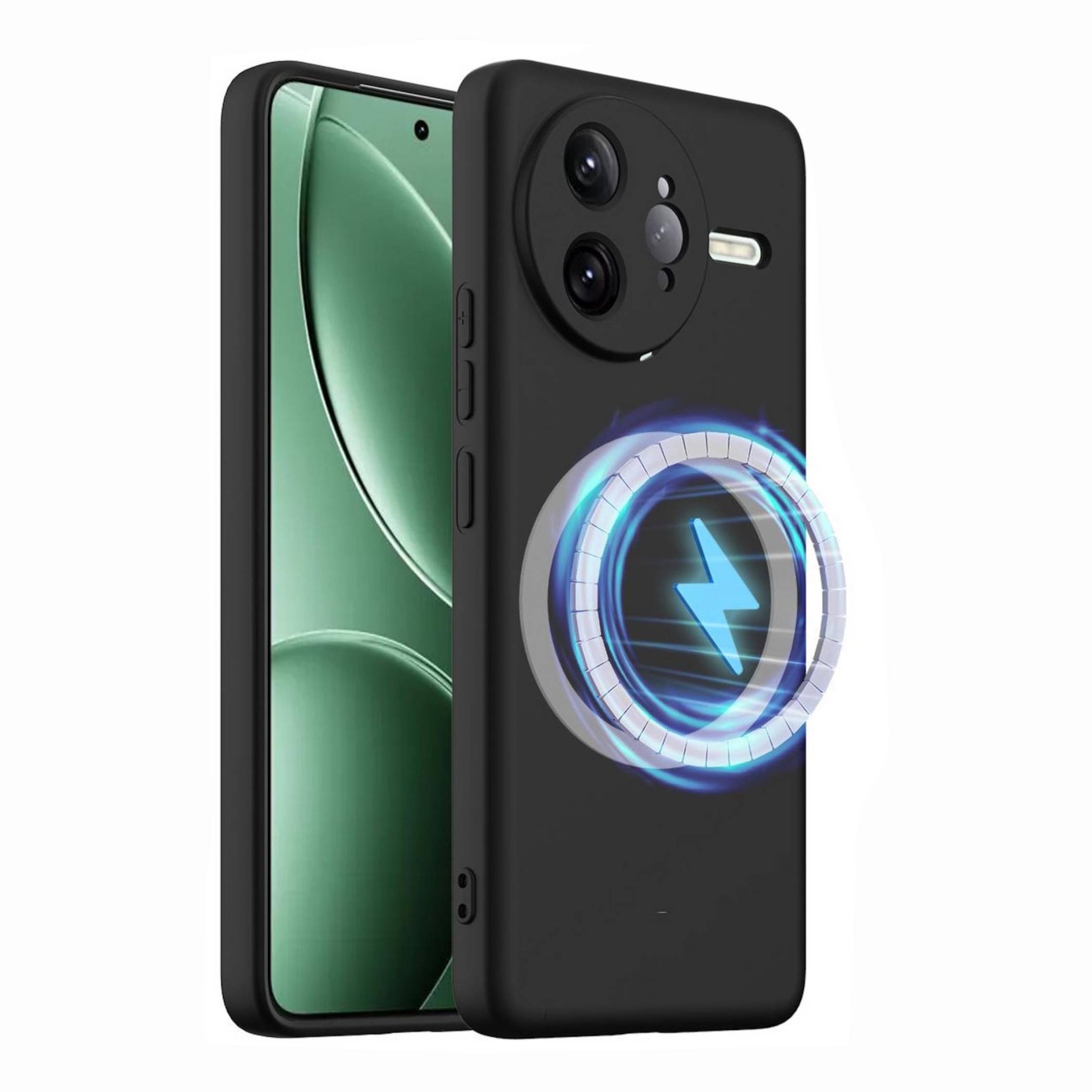 Zwei Smartphones von vorne und hinten gezeigt, wobei das hintere Telefon ein magnetisches Wireless-Charging-Symbol auf einer schwarzen Schutzhülle aufweist.