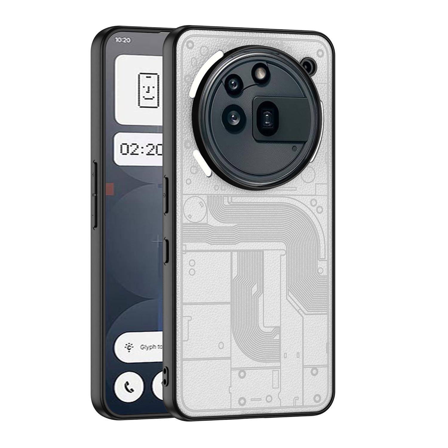 Zwei Smartphone-Hüllen von vorne und hinten gezeigt, mit einem großen runden Kameraausschnitt und einem hellgrauen Leiterplatten-Musterstil.