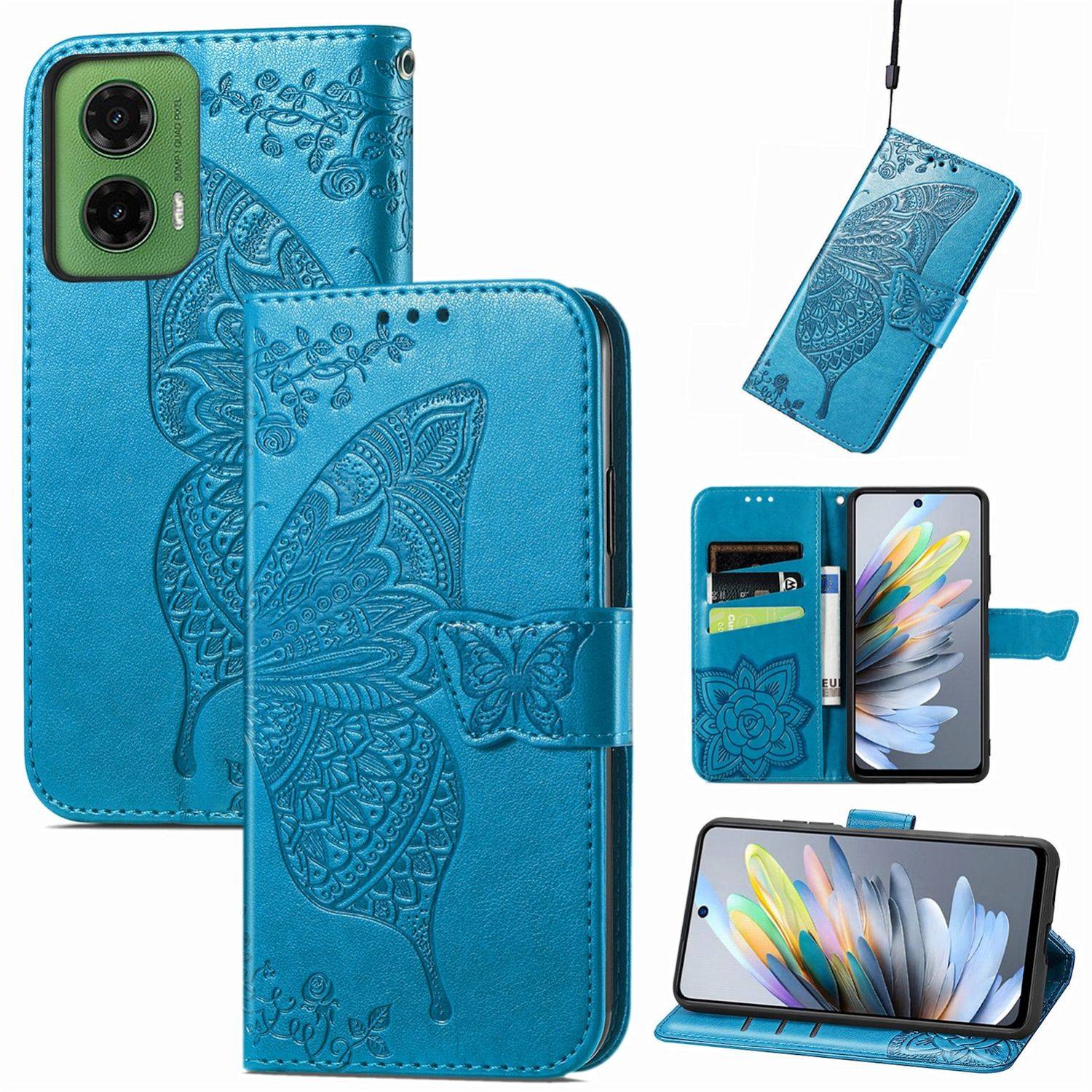 Blauemusterte Schmetterlingsmuster-Handyhüllen-Geldbörse, die geschlossen, hängend und offen mit Kartenfächern und Ständer für ein Smartphone gezeigt wird.