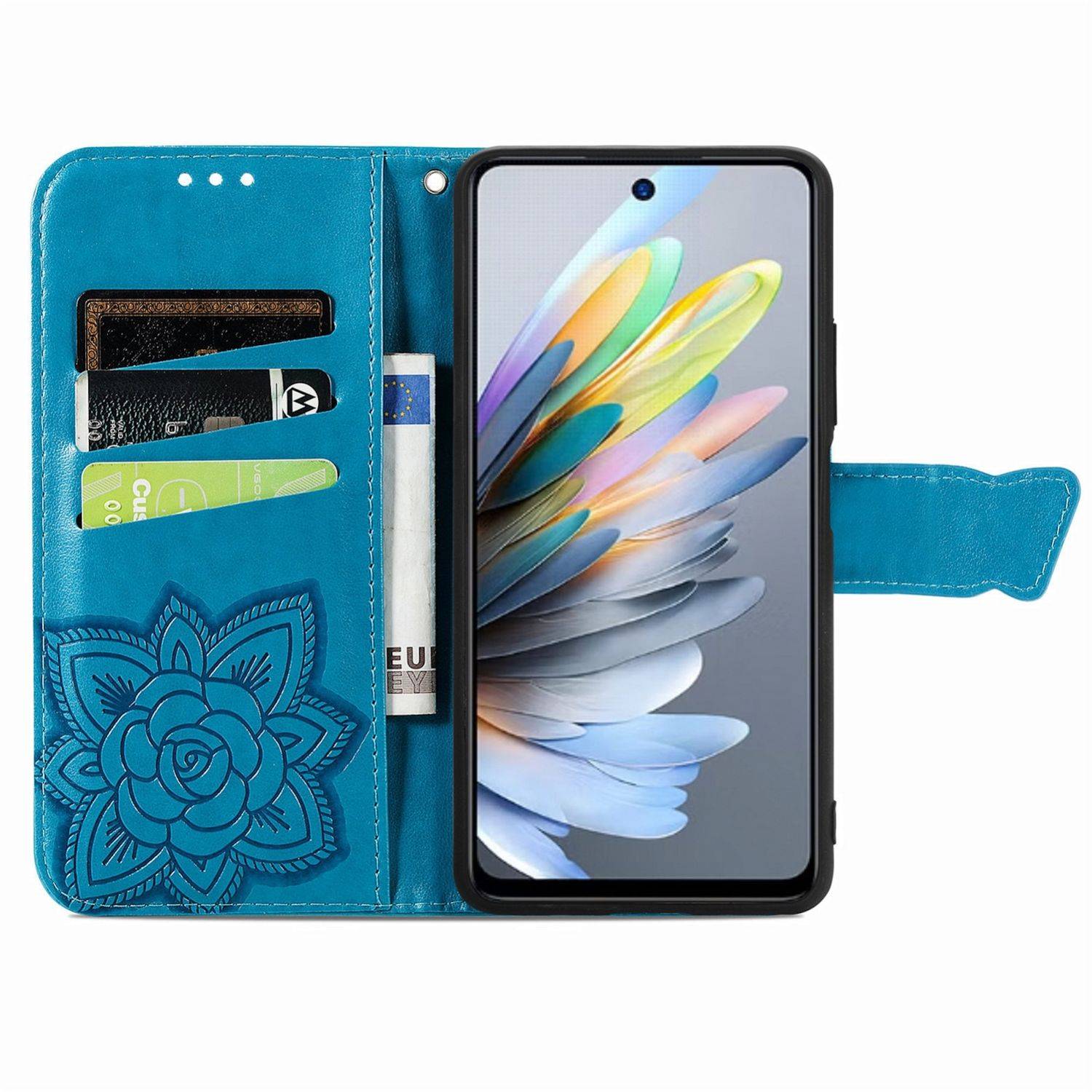 Blaue Geldbörsen-Handyhülle mit einem offenen Smartphone, das Kartensteckplätze und eine Geldtasche zeigt, mit einem floralen Prägungsdesign auf der Vorderseite.