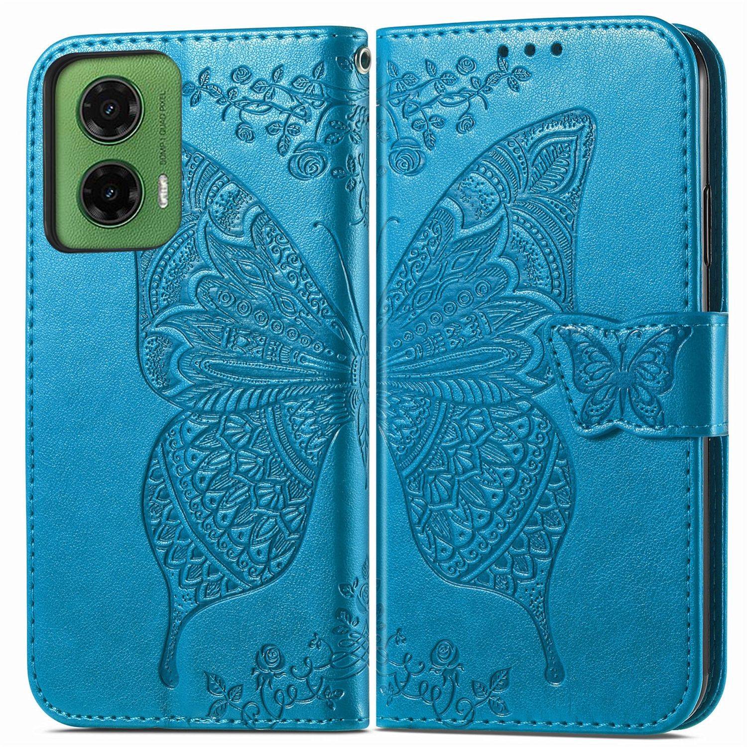 Blaue Telefongeldbörse mit Schmetterlings-Prägung, magnetischem Verschluss und Kameraausschnitt auf der Rückseite.