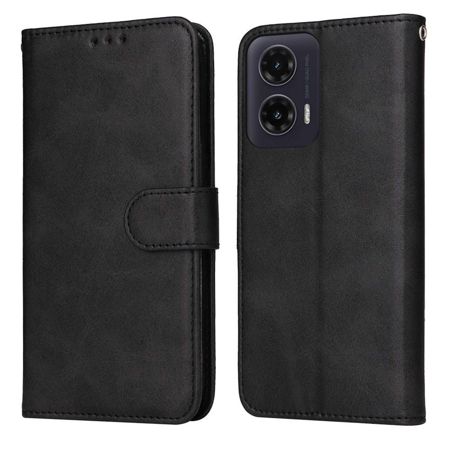Schwarze Leder-Stil-Klapphandy-Hülle, geschlossen und geöffnet dargestellt, mit Kartenfach und Kameraausschnitt.