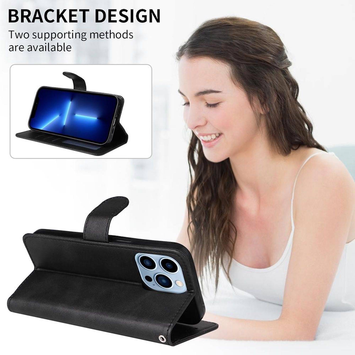 Werbebild einer schwarzen Handyhülle mit Halterungsdesign, das zwei Stützmethoden zeigt: einen Ständer und einen umklappbaren Ständer.
