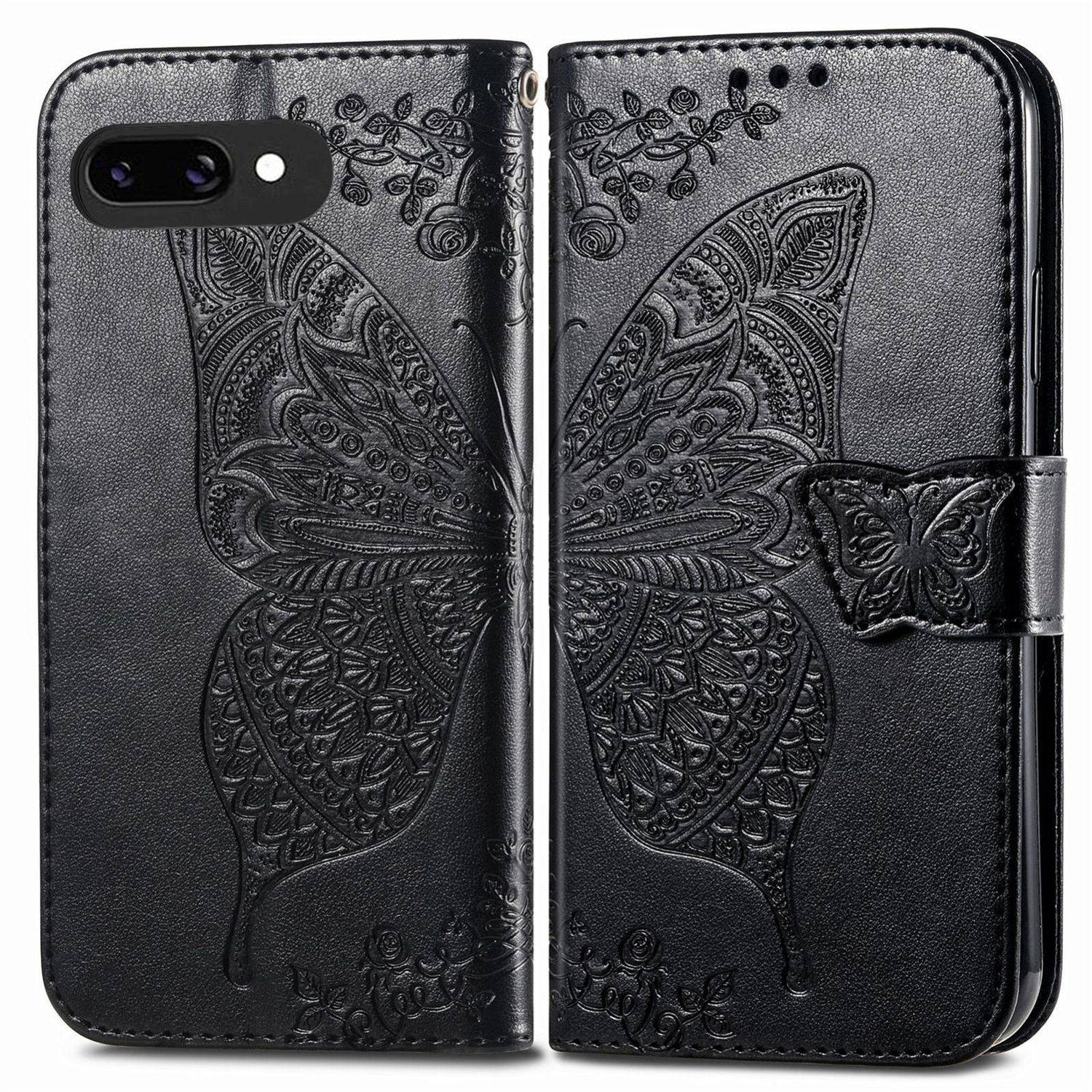 Schwarze geprägte Schmetterlingsdesign-Smartphone-Geldbörsen-Schutzhülle mit seitlichem Magnetverschluss und Kameraausschnitt, geöffnet und geschlossen dargestellt.