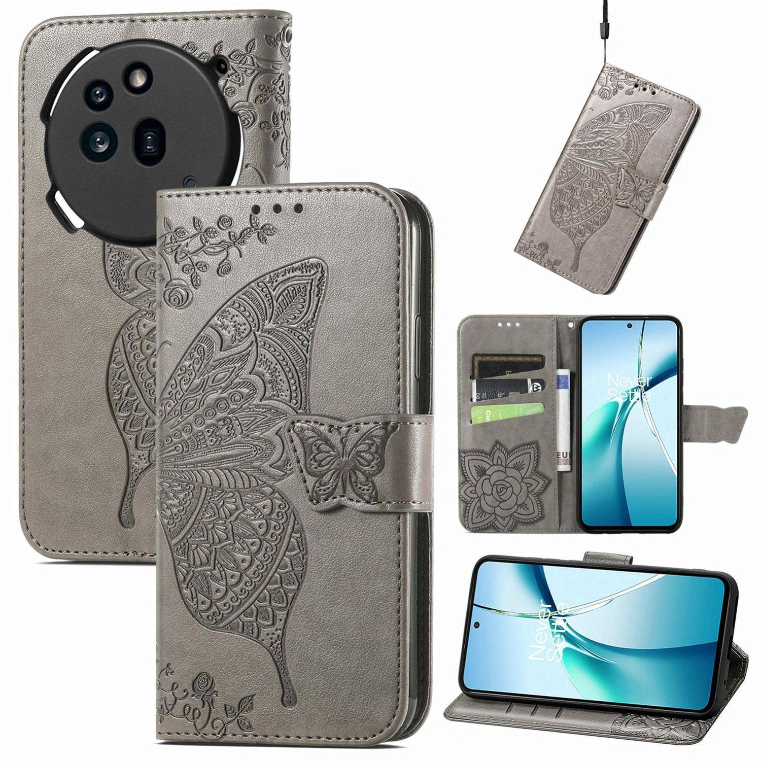 Grau geprägte Schmetterlingsled­er-Stil-Handy-Geldbörsen­tasche mit Kartensteckplätzen, gezeigt geschlossen, offen, hängend und als Ständer auf einem Smartphone.
