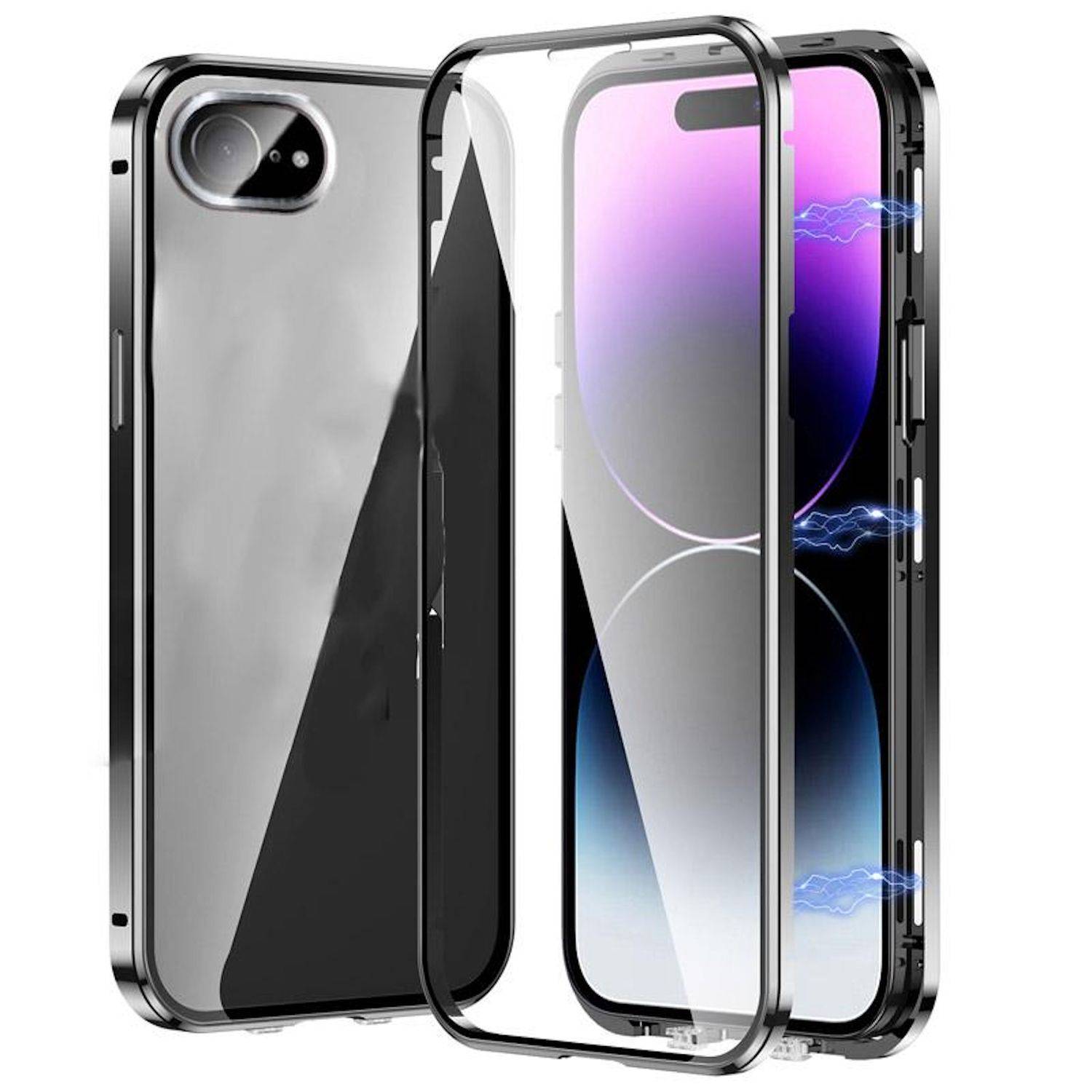 Transparente und schwarze Smartphone-Schutzhülle, die explodiert um ein iPhone herum gezeigt wird und die Vorder- und Rückseite Abdeckung hervorhebt.