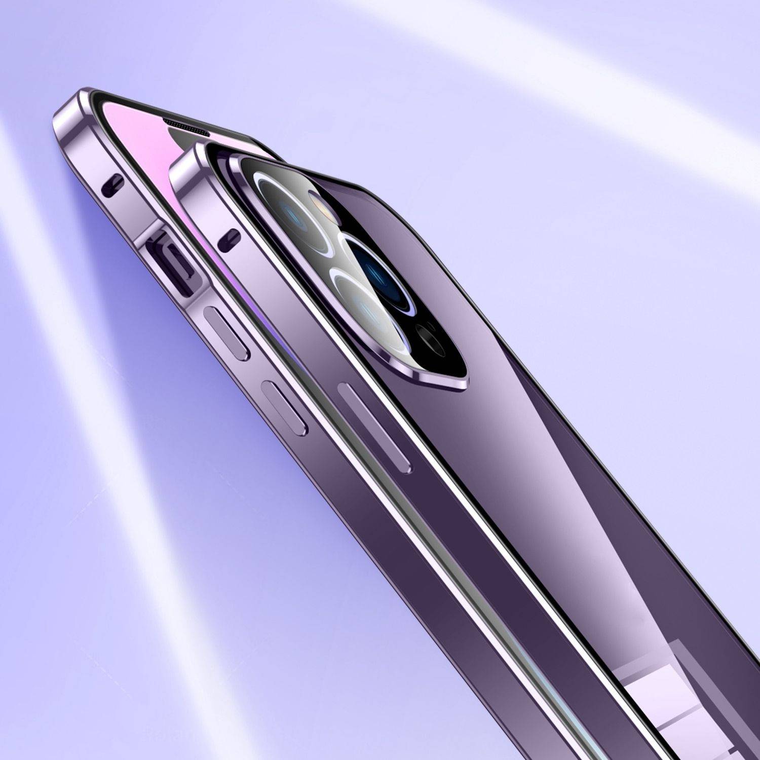 Nahaufnahme eines violetten Smartphones, das seine dünne Kante, Tasten und das erhöhte Dreifach-Kameramodul auf hellviolettem Hintergrund zeigt.