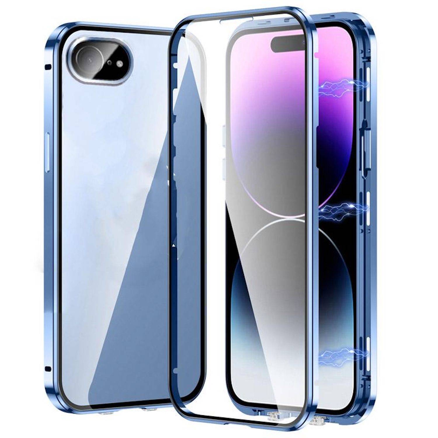 Drei blaue Smartphone-Hüllen, auseinandergezogen dargestellt, zeigen vordere, hintere und seitliche Schutzabdeckungen um ein Telefon.