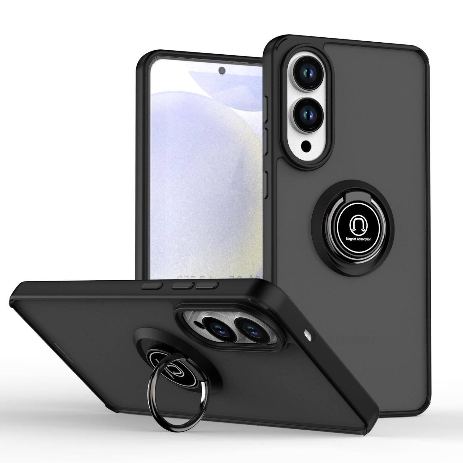 Schwarze Smartphone-Schutzhülle mit integriertem Ringständer, von vorne, von hinten und aus verschiedenen Winkeln auf weißem Hintergrund dargestellt.