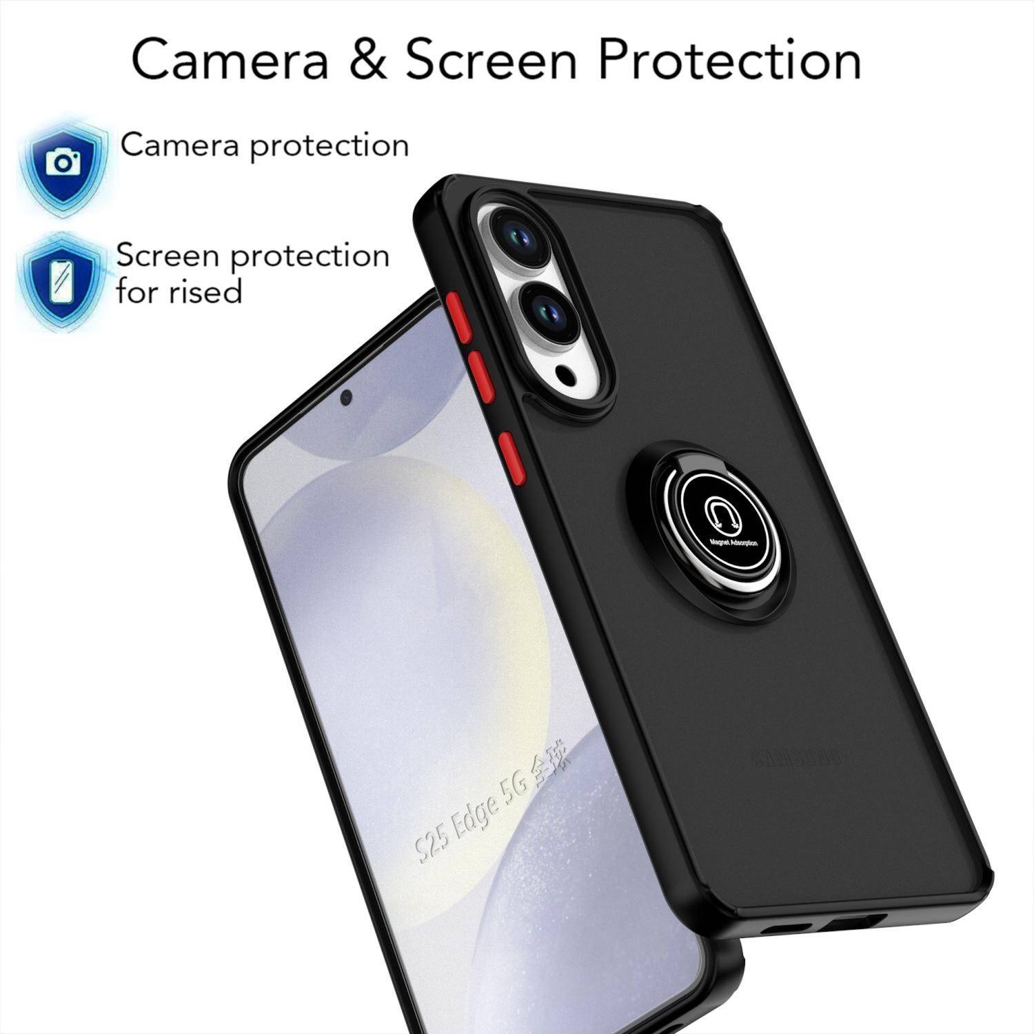 Schwarze Handyhülle für ein Samsung Galaxy S25 Edge mit erhöhtem Bildschirm- und Kameraschutz, sowie magnetischer Ringhalterung; Text sagt „Kamera- und Displayschutz