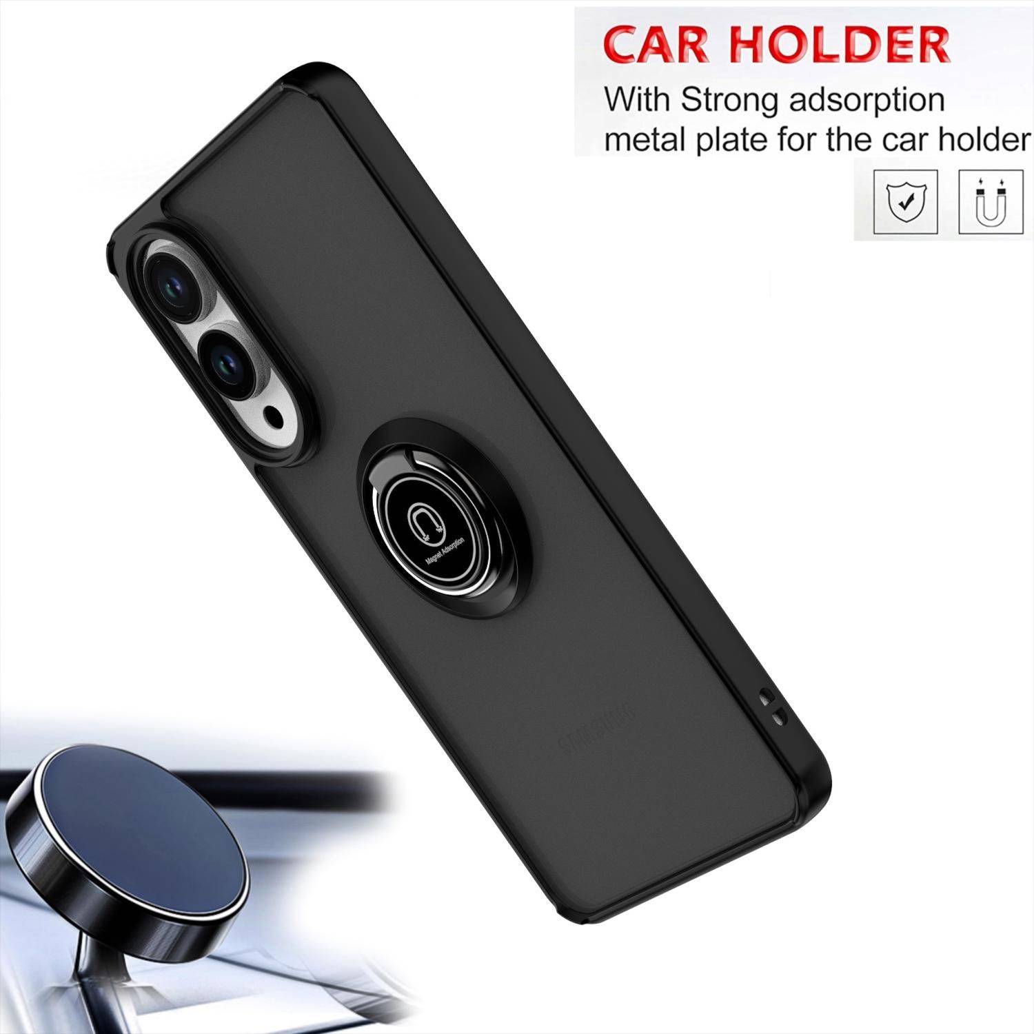 Schwarze Handyhülle mit Autohalter, magnetischem Ring und starker Adsorptions-Metallplatte, gezeigt mit einem an einem Autolüftungshalter befestigten Telefon.