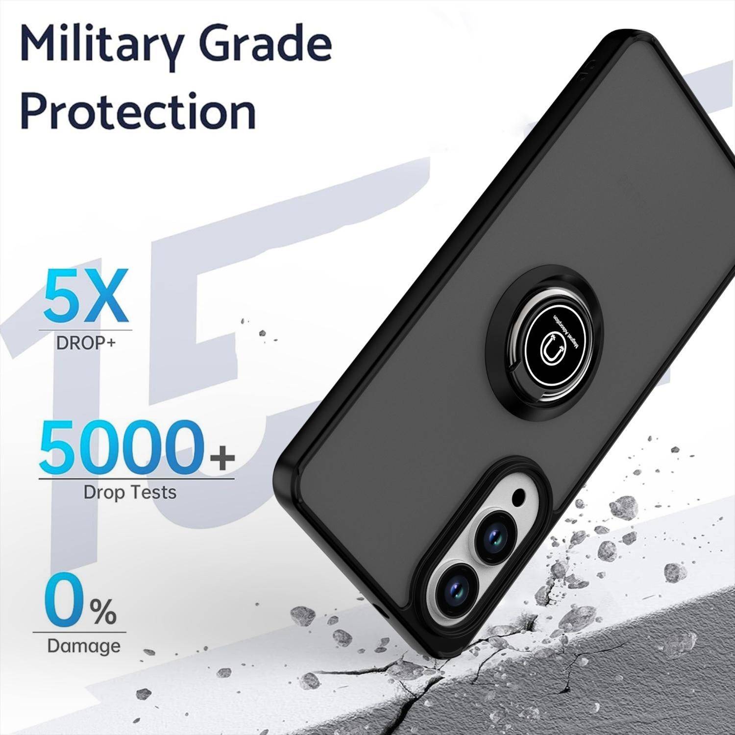 Handyhülle mit schwarzem Smartphone-Case mit Kamera und Griffring, gekennzeichnet mit „Military Grade Protection