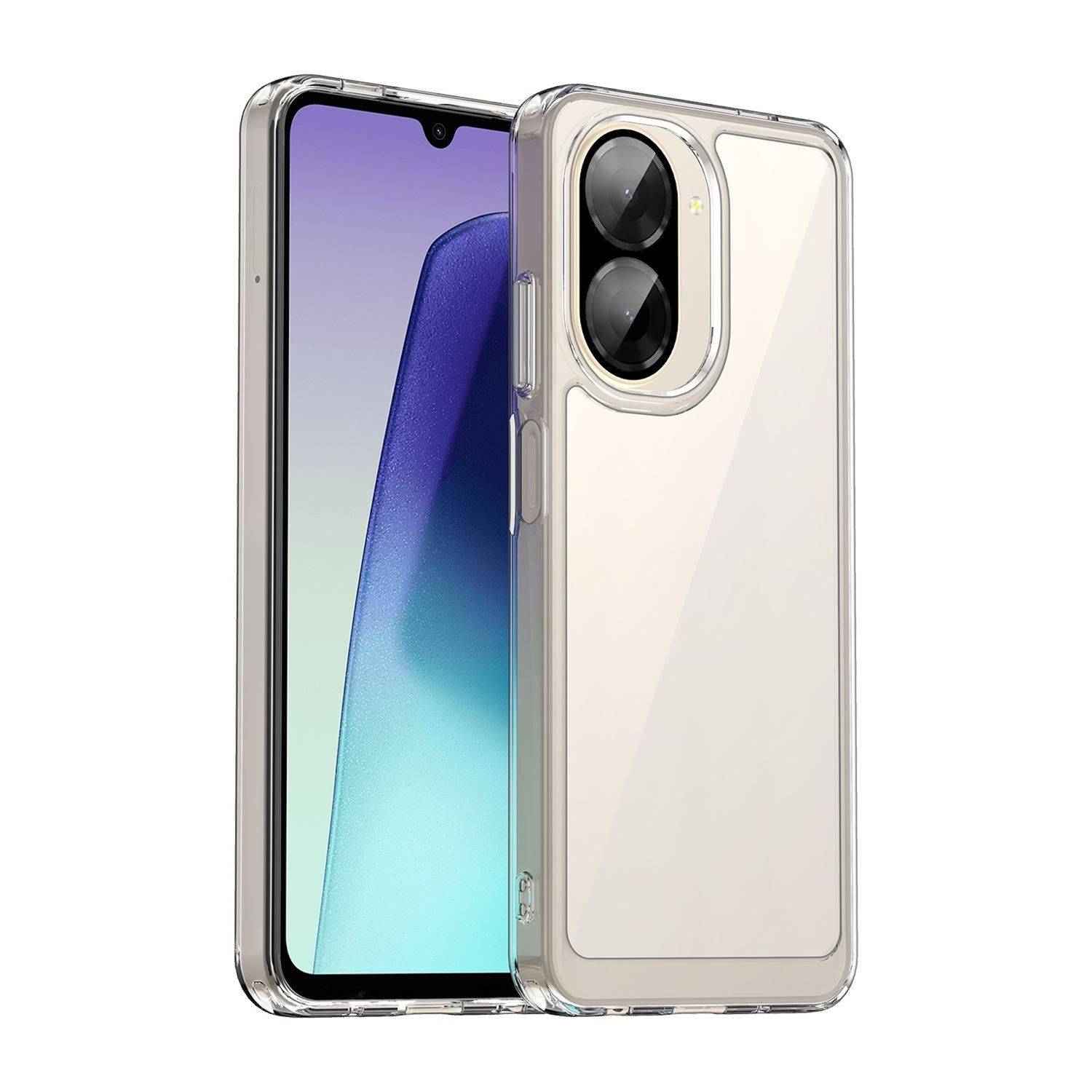 Zwei Smartphones in durchsichtigen Schutzhüllen von vorne und hinten abgebildet, wobei die Kameraaussparung und das schlanke transparente Design hervorgehoben werden.
