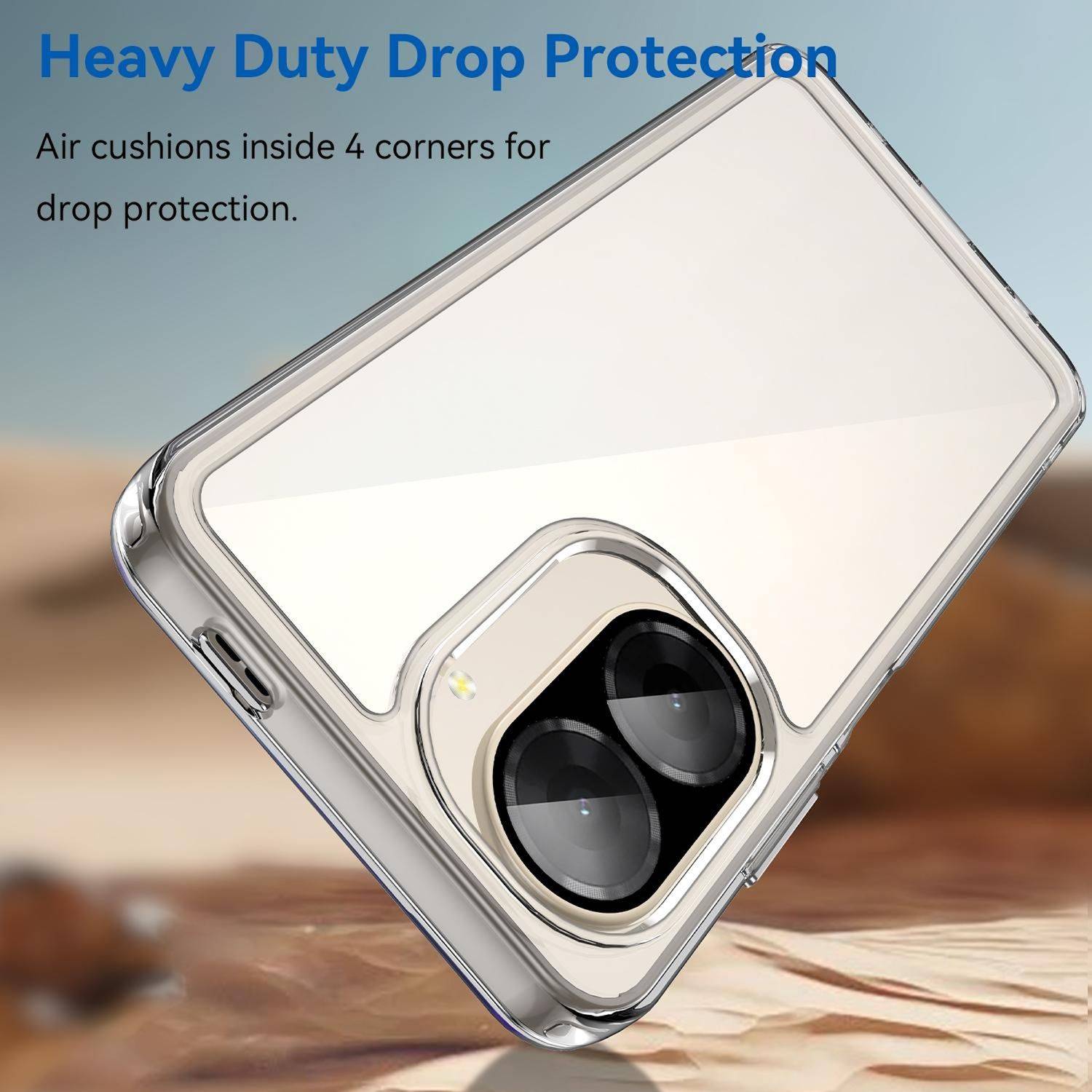 Transparente Handyhülle mit erhöhtem Kameraausschnitt und Text „Heavy Duty Drop Protection