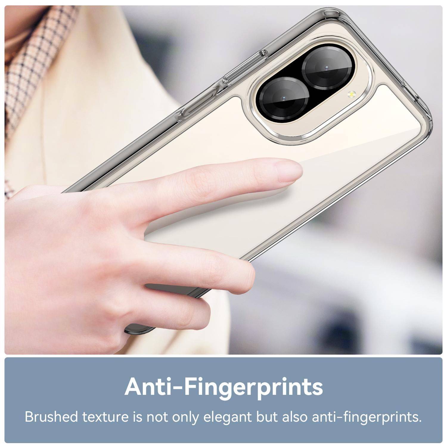 Hand hält ein Telefon mit einer durchsichtigen Hülle; Der Anzeigentext sagt „Anti-Fingerabdrücke