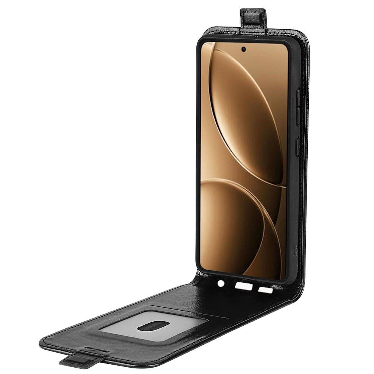 Schwarze Klapphandy-Schutzhülle mit Ständer und Kartenfach, geöffnet um ein Smartphone auf weißem Hintergrund gezeigt.