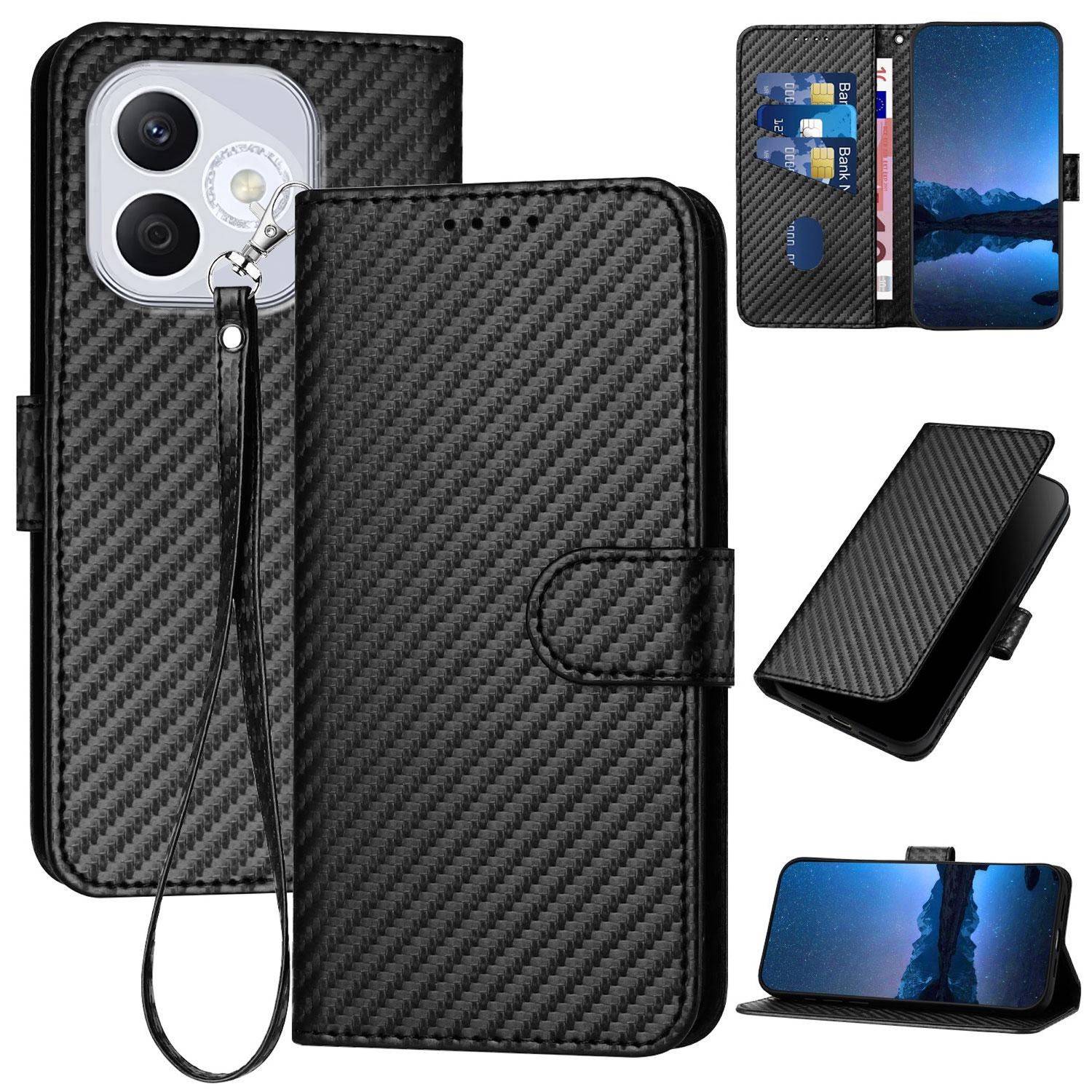 Schwarzes Telefon-Brieftaschenetui im Kohlefaser-Stil mit Riemen, gezeigt geschlossen, offen mit Kartensteckplätzen und im Standbetrieb auf einem Smartphone.