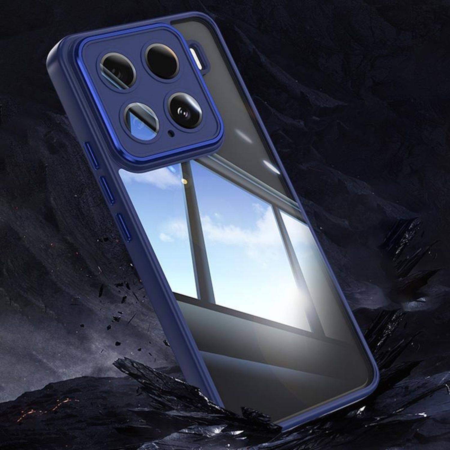Blaues Smartphone-Gehäuse mit großem quadratischem Kameraausschnitt und glänzendem verspiegeltem Rücken, dargestellt in einer dramatischen produktstil-Render.