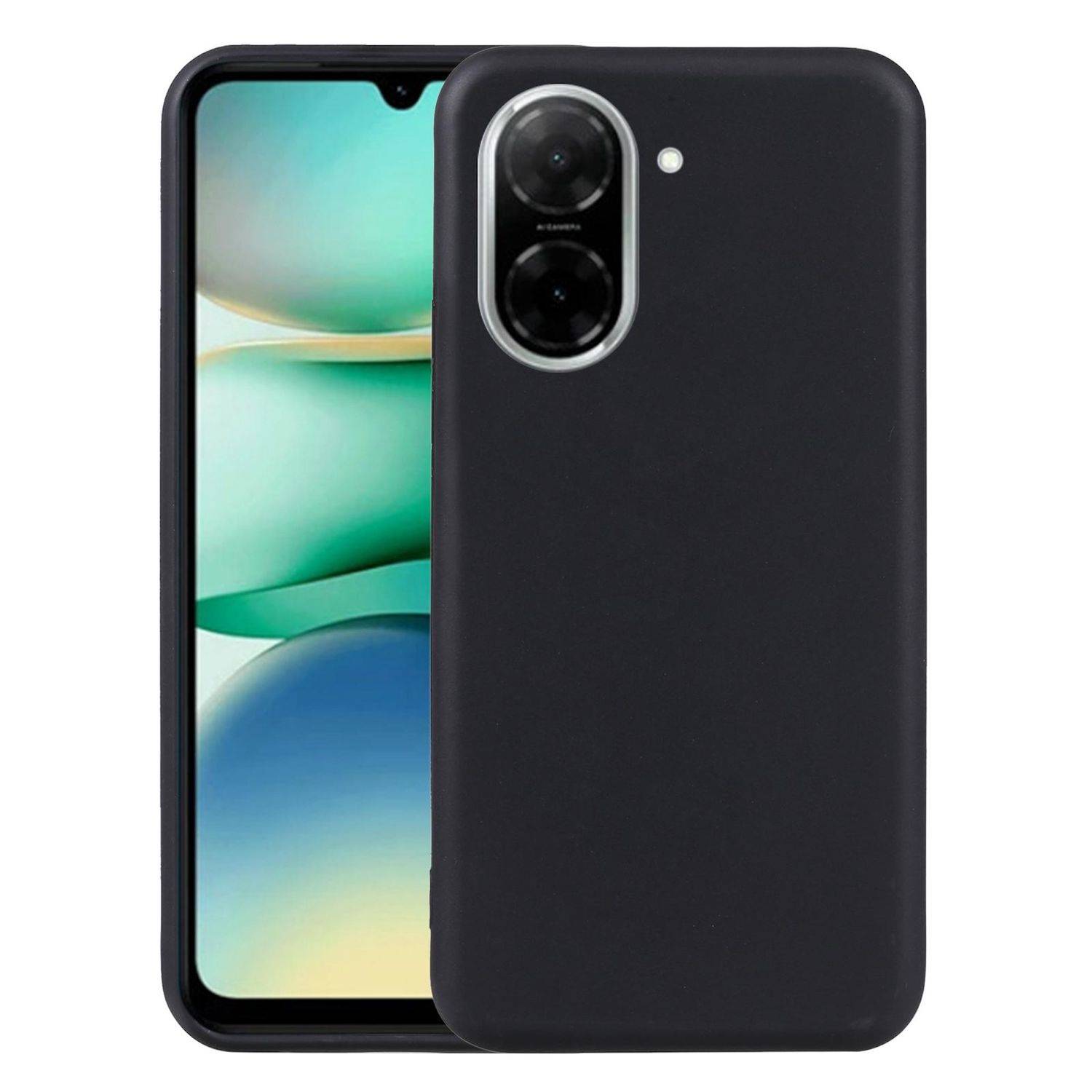 Schwarzes Smartphone in Front- und Rückansicht mit mattem Schutzcase, mit dualem hinterem Kamera-Ausschnitt und tropfenförmigem Notch-Display.