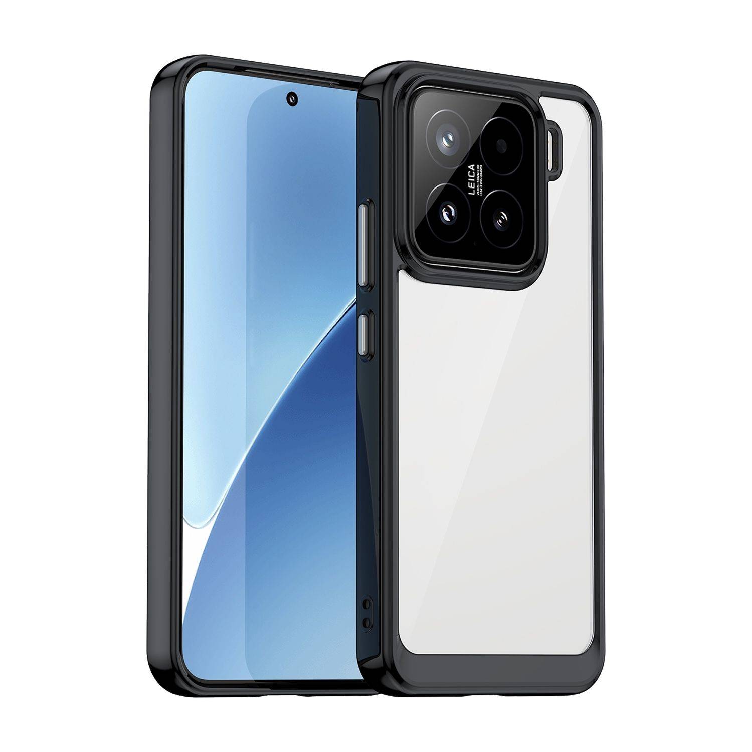 Zwei Smartphones von vorne und hinten gezeigt, mit einem schwarzen Schutzgehäuse mit erhöhtem quadratischem Kameraausschnitt.