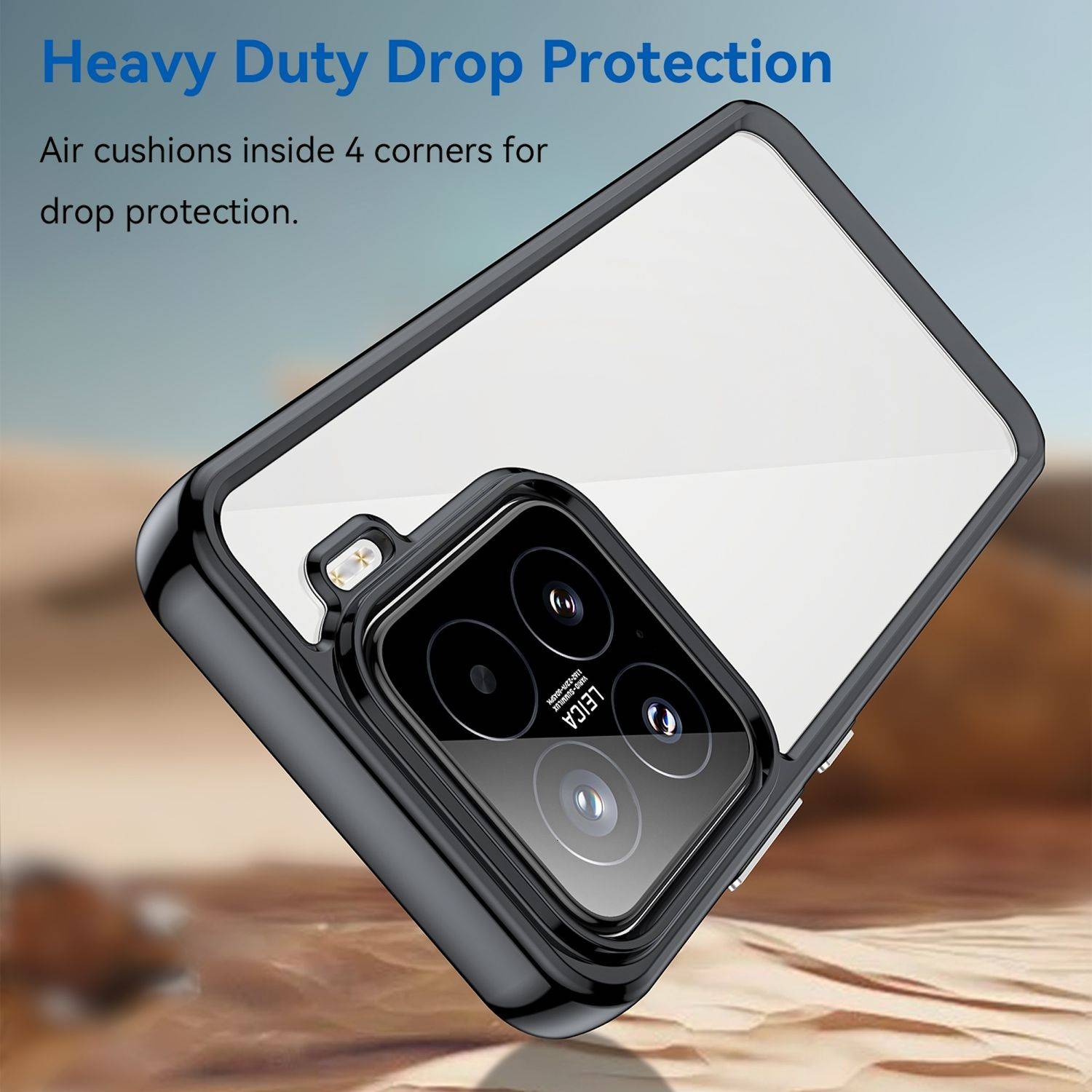 Handyhülle-Anzeige mit einer robusten transparenten Hülle mit erhöhtem Kameaschutz und Text „Heavy Duty Drop Protection