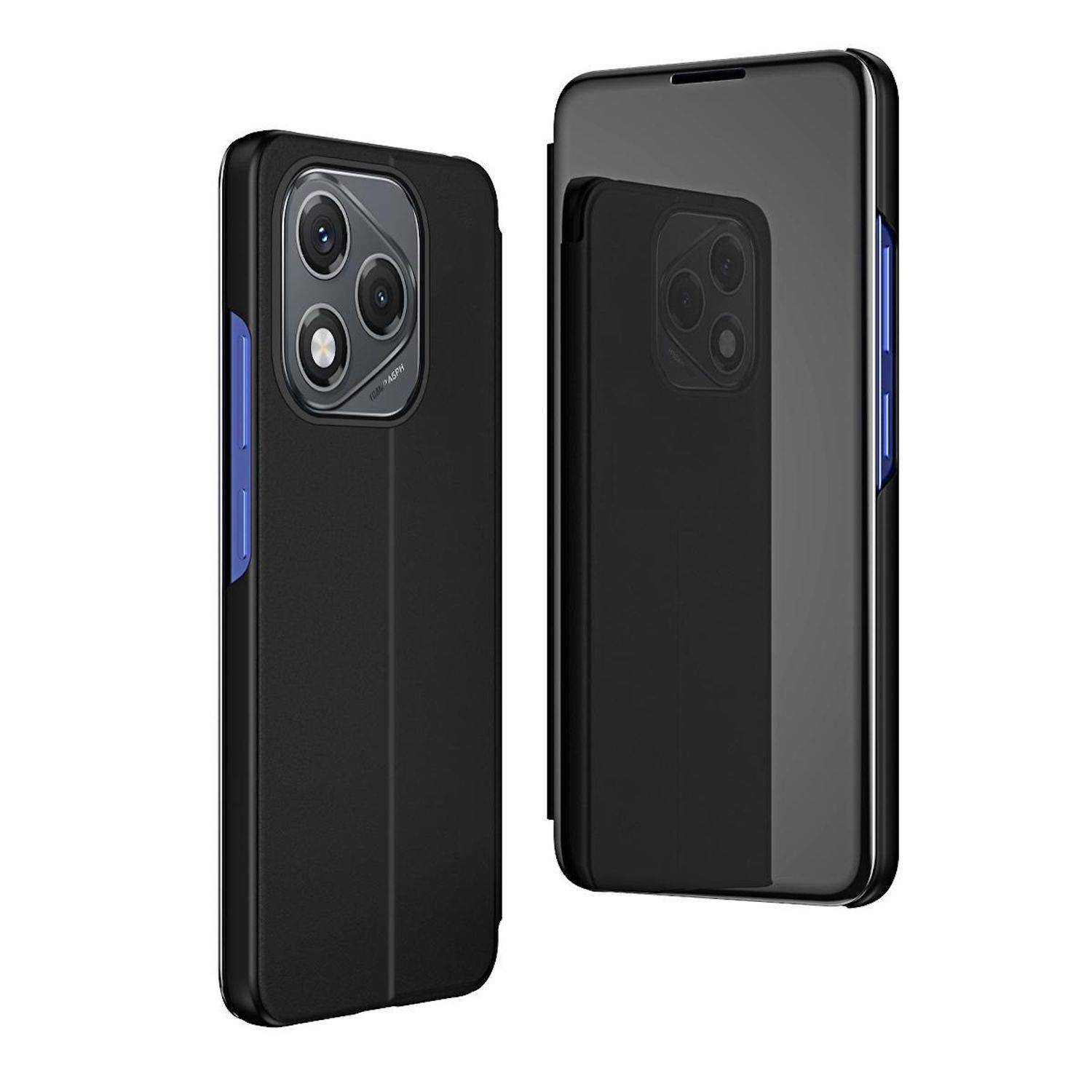 Schwarze Smartphone-Schutzhülle von vorne und hinten gezeigt, mit erhöhtem Kameroschutz und blauen Seitentasten auf weißem Hintergrund.