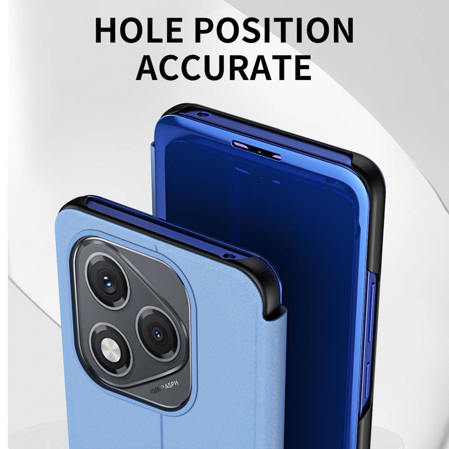 Werbebild einer blauen Handyhülle mit präzisen Ausschnitten, von vorne und hinten gezeigt, mit dem Text „HOLE POSITION ACCURATE