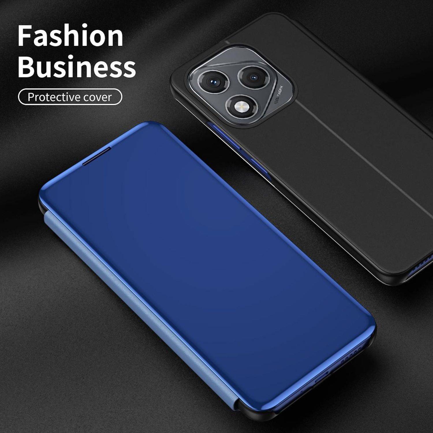 Werbebild von zwei Smartphone-Schutzhüllen, eine blau und eine schwarz, mit dem Text „Fashion Business