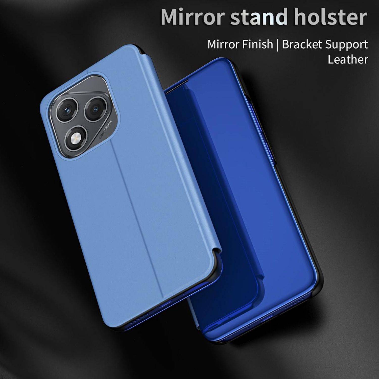 Hellblaue und dunkelblaue Smartphone-Hüllen mit Spiegelständer-Holster, Lederoptik und Halterungsunterstützung auf schwarzem Hintergrund gezeigt.