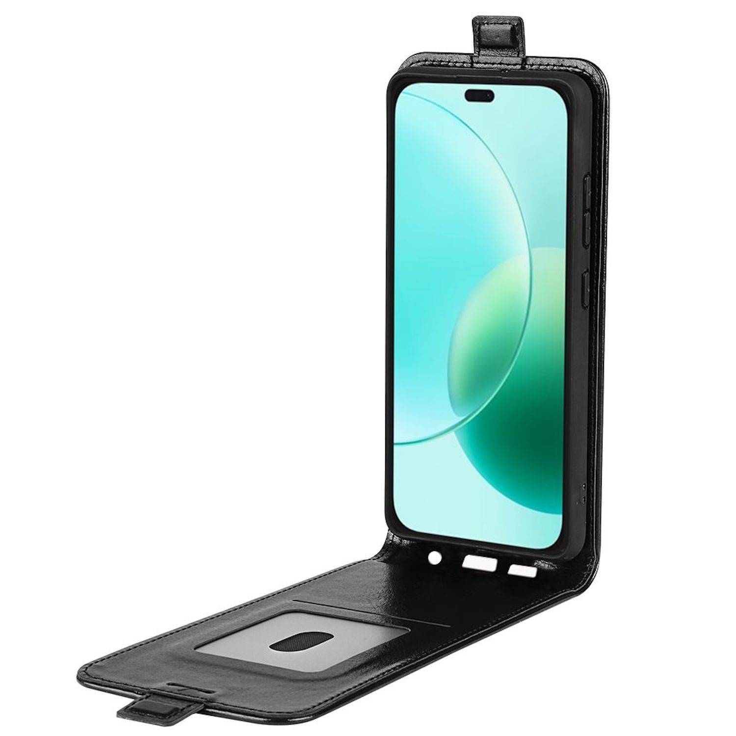 Schwarzes Folio-Handyhülle offen gezeigt, mit einem Smartphone darin montiert und einem Karten- oder Ausweisschlitz auf der vorderen Abdeckung.