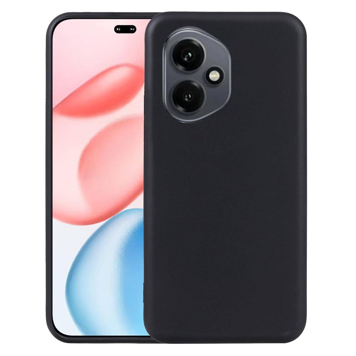 Schwarze Smartphone-Schutzhülle, von vorne und hinten auf einem Telefon gezeigt, mit doppelten Kameraausschnitten auf der Rückseite und einer großen kreisförmigen Blitzöffnung.