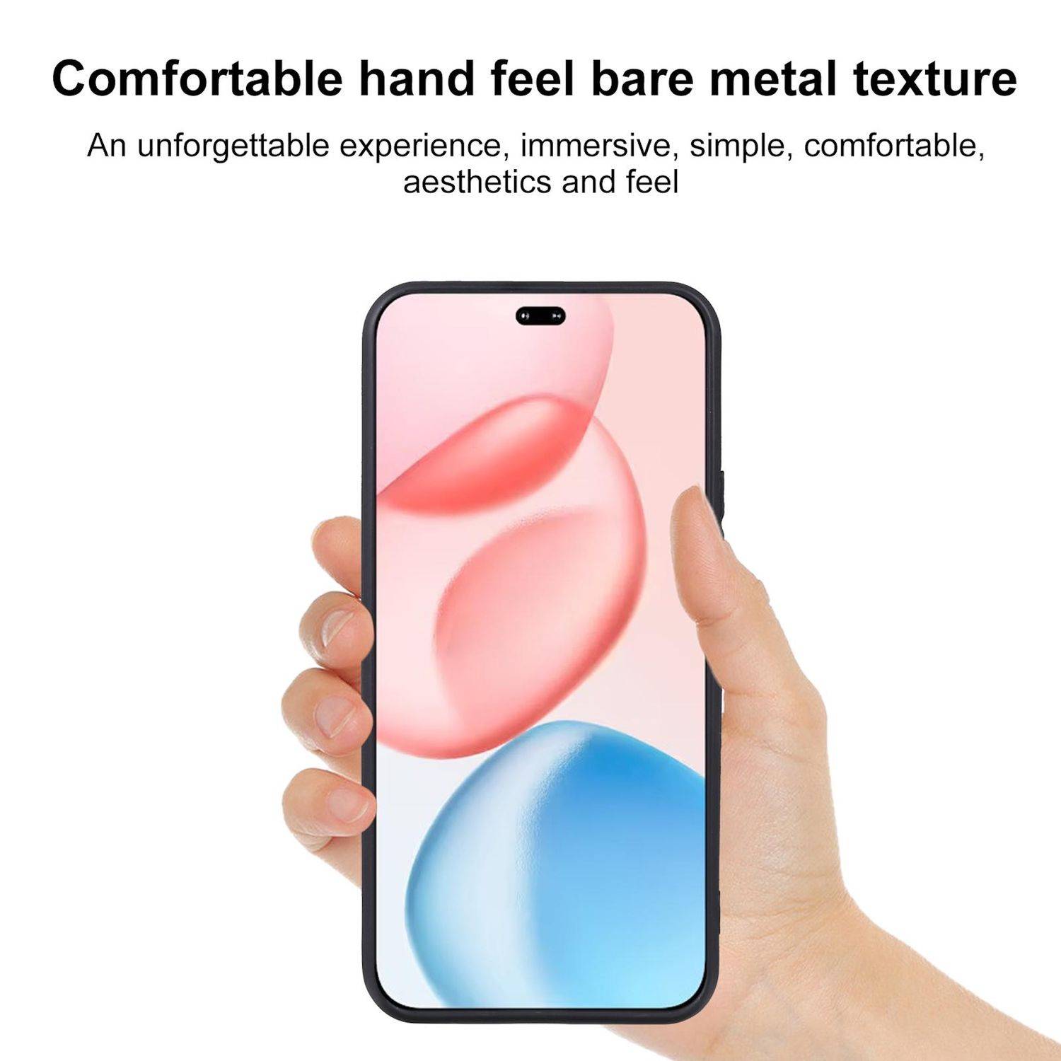 Hand hält ein Smartphone mit einer rohen Metalltextur; der Anzeigentext lautet „Angenehmes Handgefühl rohe Metalltextur