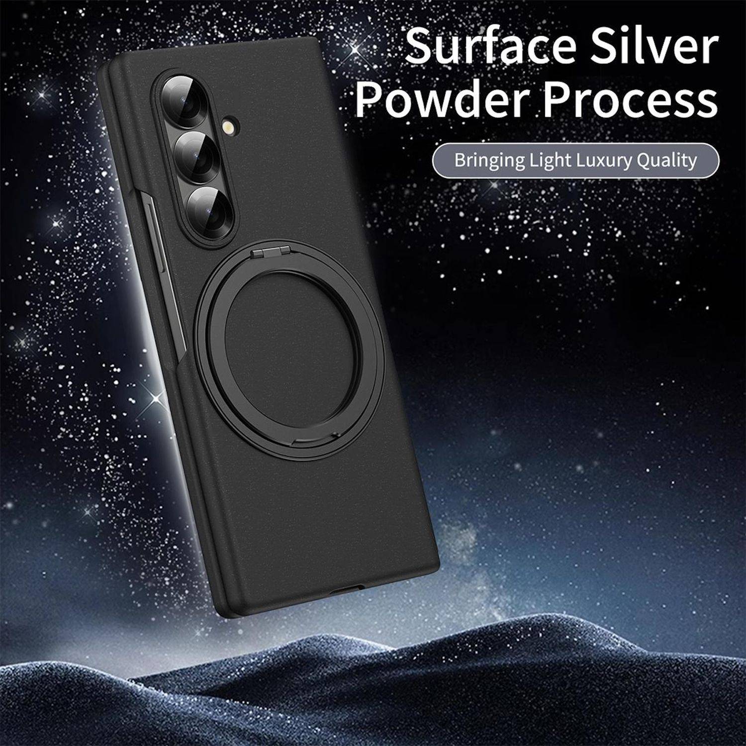 Schwarze Smartphone-Hülle mit kreisförmigem MagSafe-Ring und dreifachem Kamera-Ausschnitt, gezeigt mit dem Text „Surface Silver Powder Process