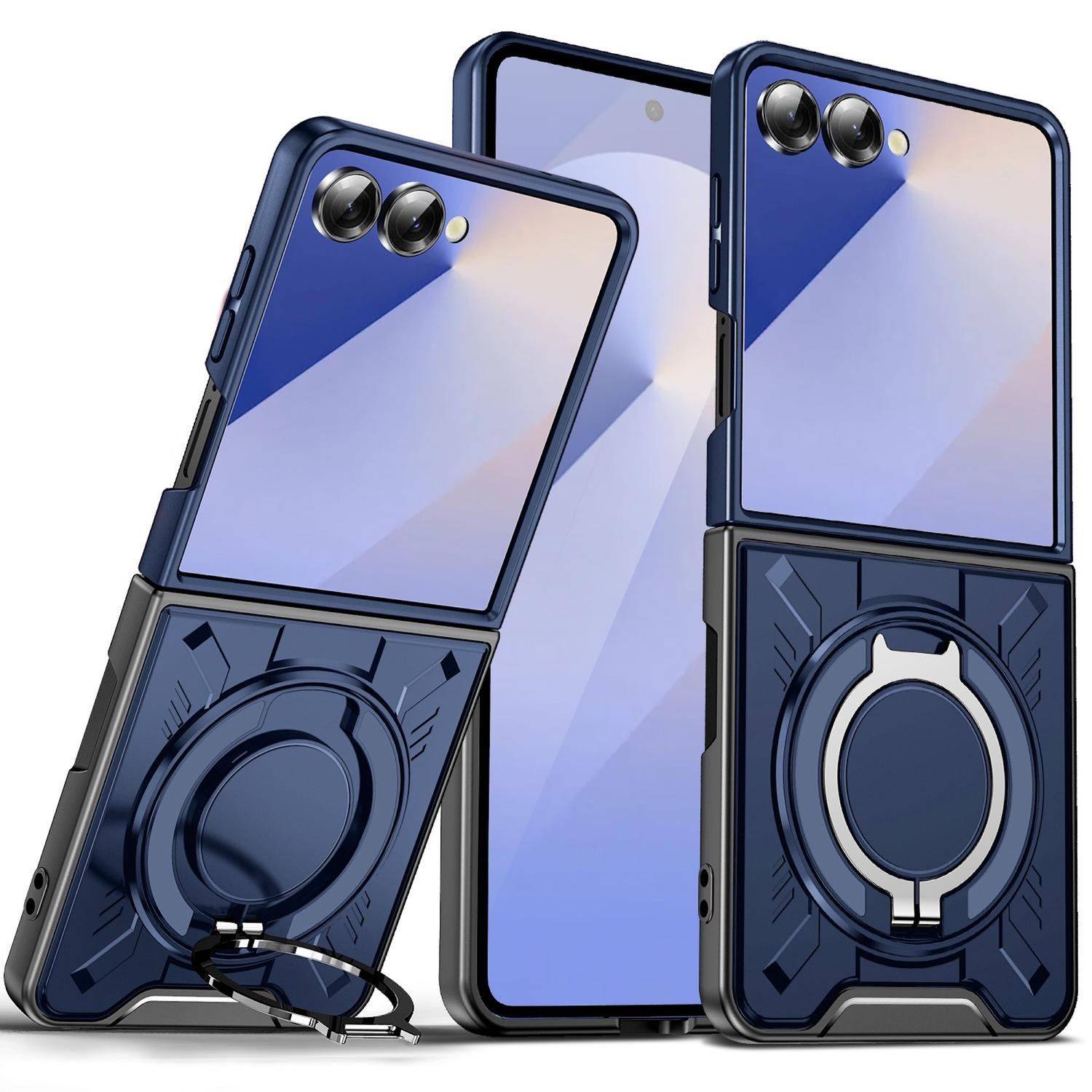 Drei Marine-Smartphone-Hüllen mit integrierten Ringständern werden von vorne und hinten gezeigt und zeigen ein schützendes, faltbares Design.