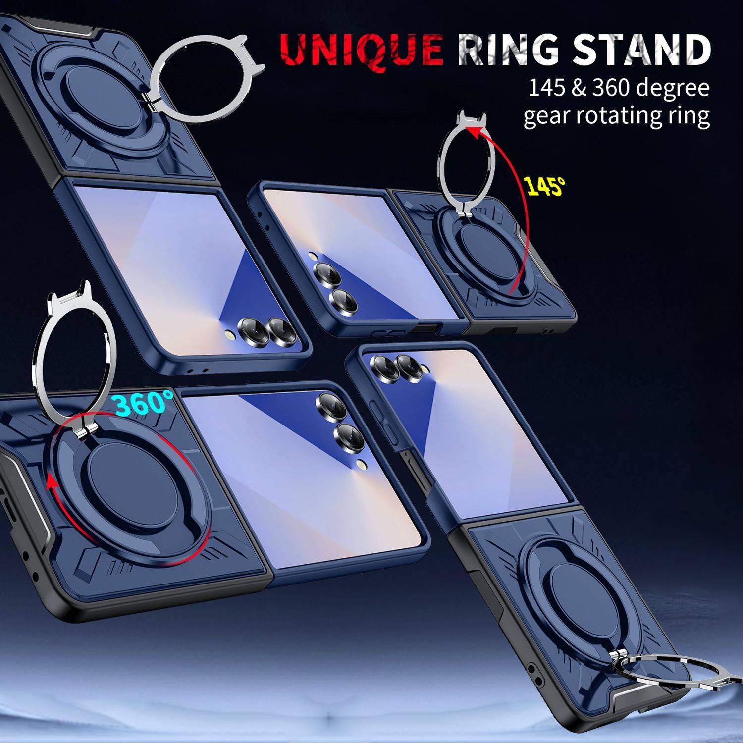 Produktbild einer Handyhülle mit integriertem Ringständer, das die Rotationspositionen des Rings in 145° und 360° zeigt und den Text „EINZIGARTIGER RINGSTÄNDER