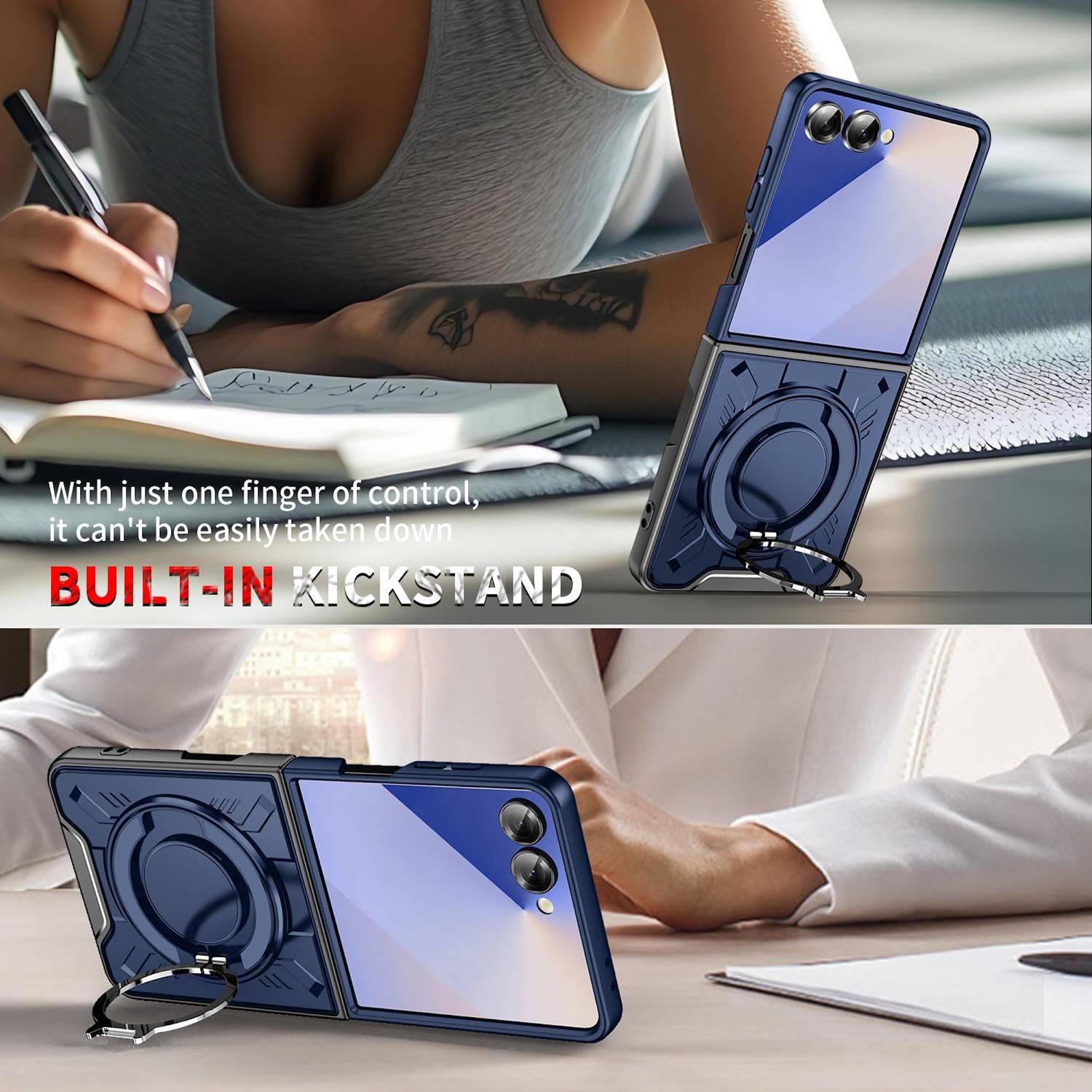 Werbebild eines blauen faltbaren Handyhutzes, das einen integrierten Ständer zeigt, der das Telefon aufrecht auf einem Schreibtisch hält und flach liegt, mit dem Text „INTEGRIERTER STÄNDER